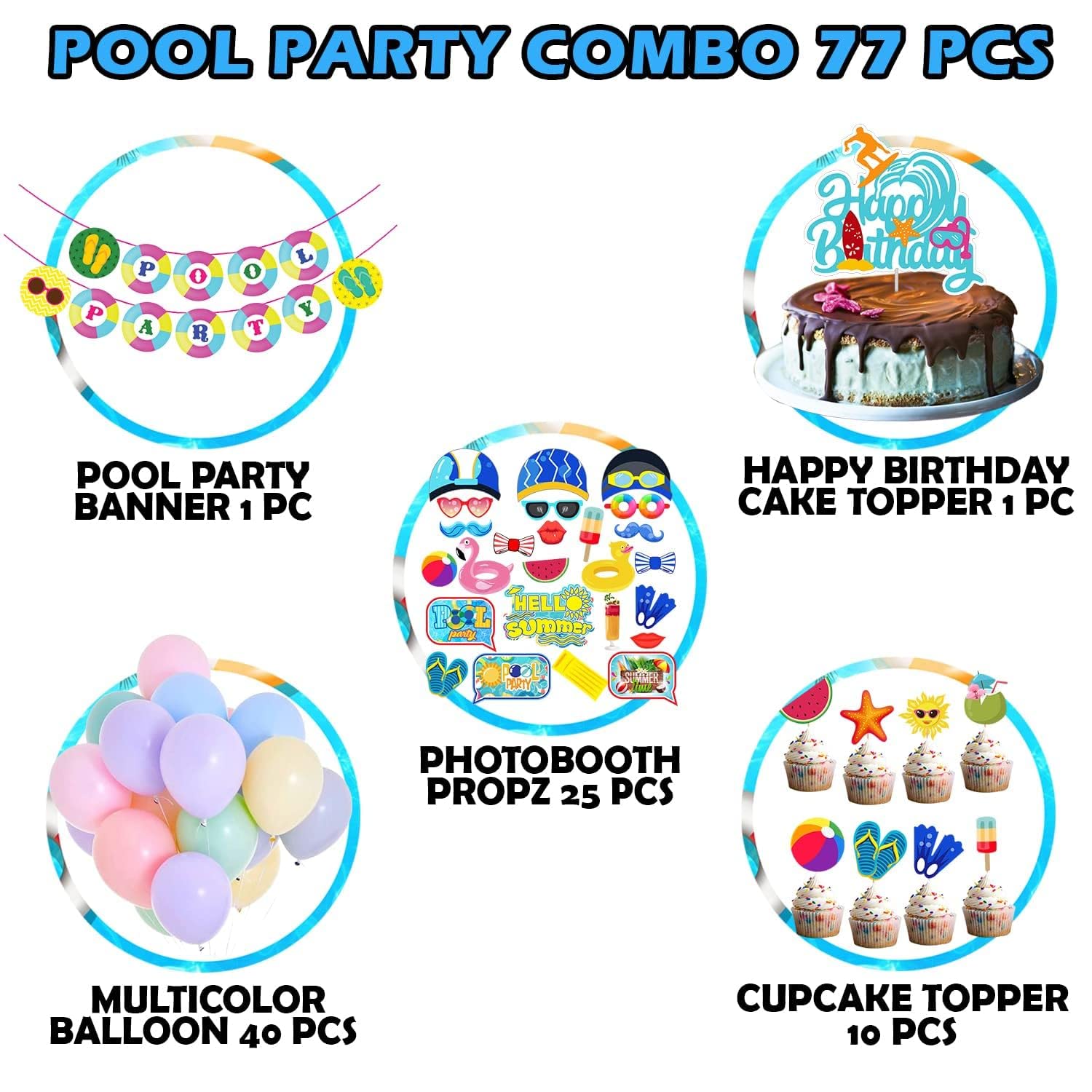 Indian Collectible - Decorazioni per feste in piscina, 77 pezzi, decorazione a tema estivo con accessori per cabina fotografica/oggetti decorativi di compleanno