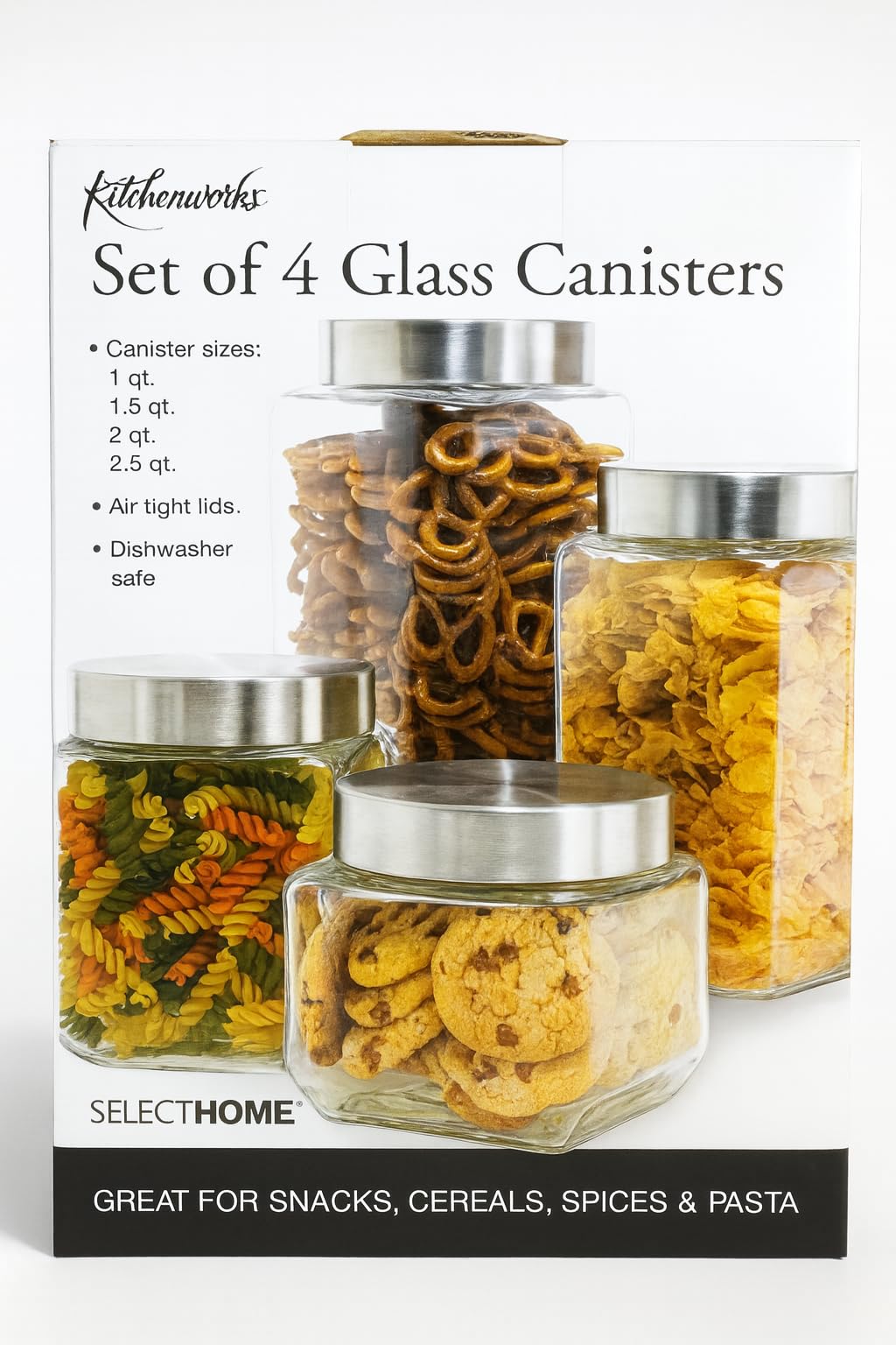 Kitchenworks Set of 4 Airtight Lids Glass Canisters For Snacks,Cereals or Pasta
