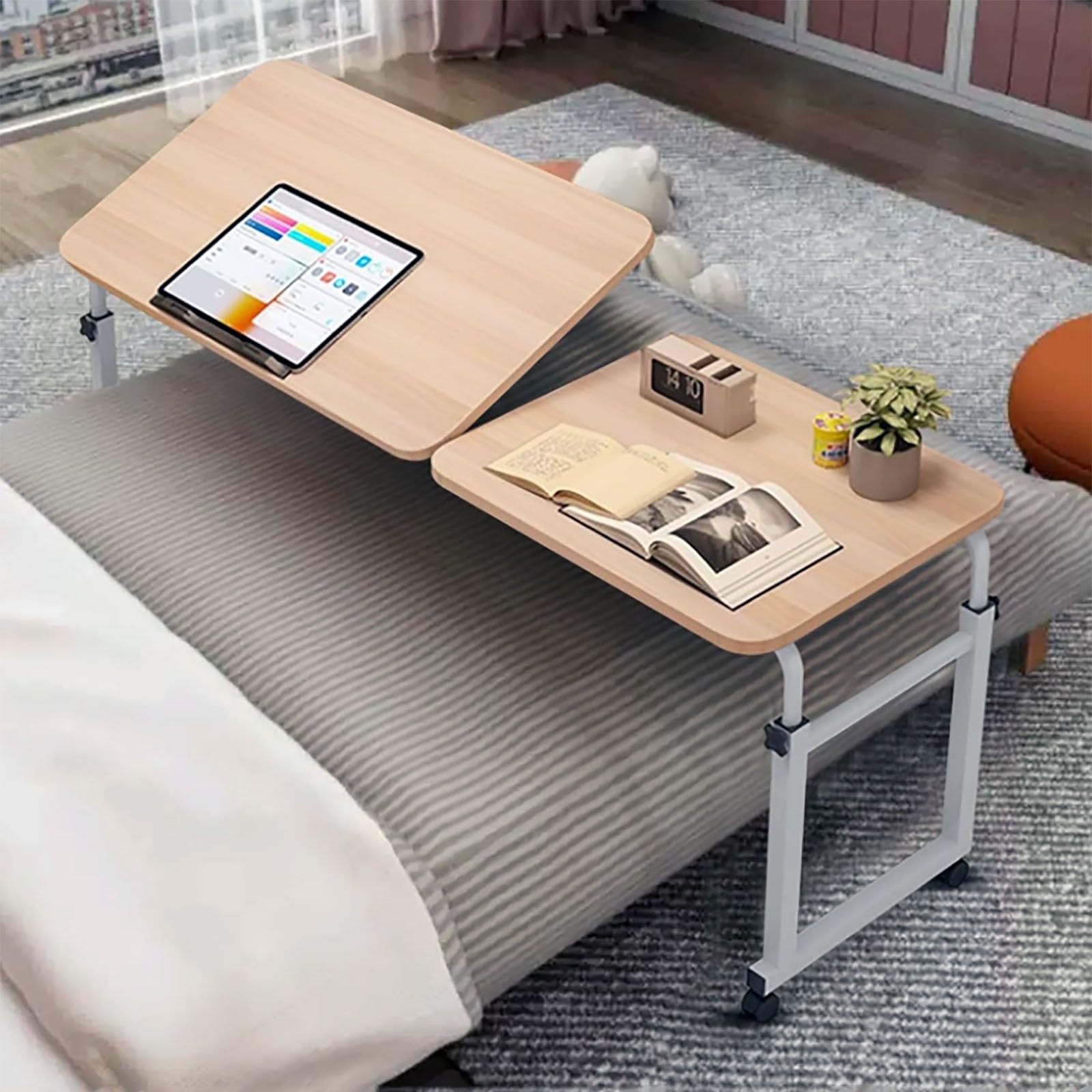 Mesas auxiliares para Cama, Altura Ajustable con Ruedas: Escritorio versátil para Colocar sobre la Cama, Mesa móvil para Comer y Ordenador (Color: A)