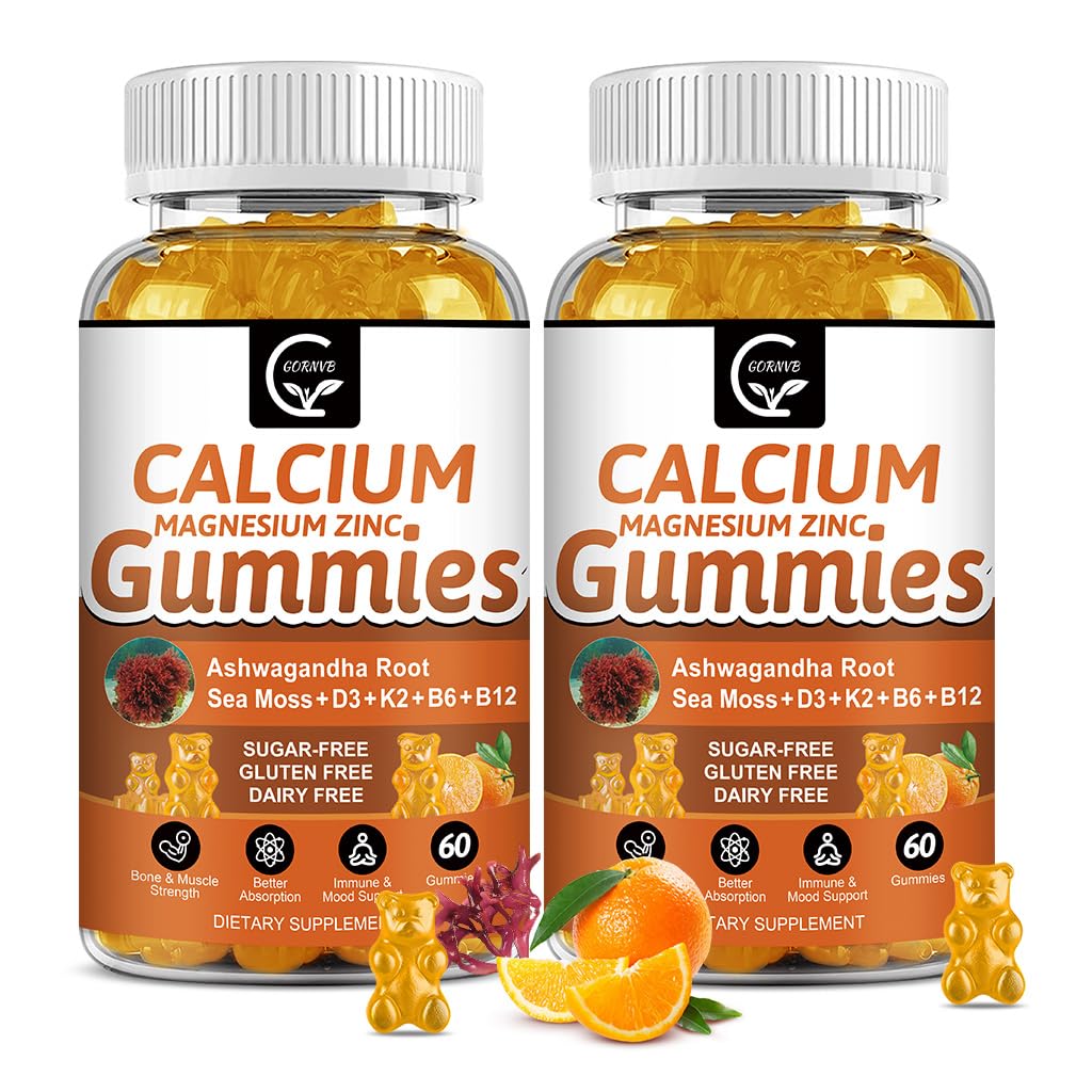 1200mg Calcium Gummies with Vitamin D3,K2,B12 & B6 - Plant Complex Calcium Magnesium Supplement with Glycinate,Potassium,Sea Moss,Ashwagandha Root for Bone & Teeth Strength, Muscle & Immune-2 Pack 60 Count (Pack of 2)