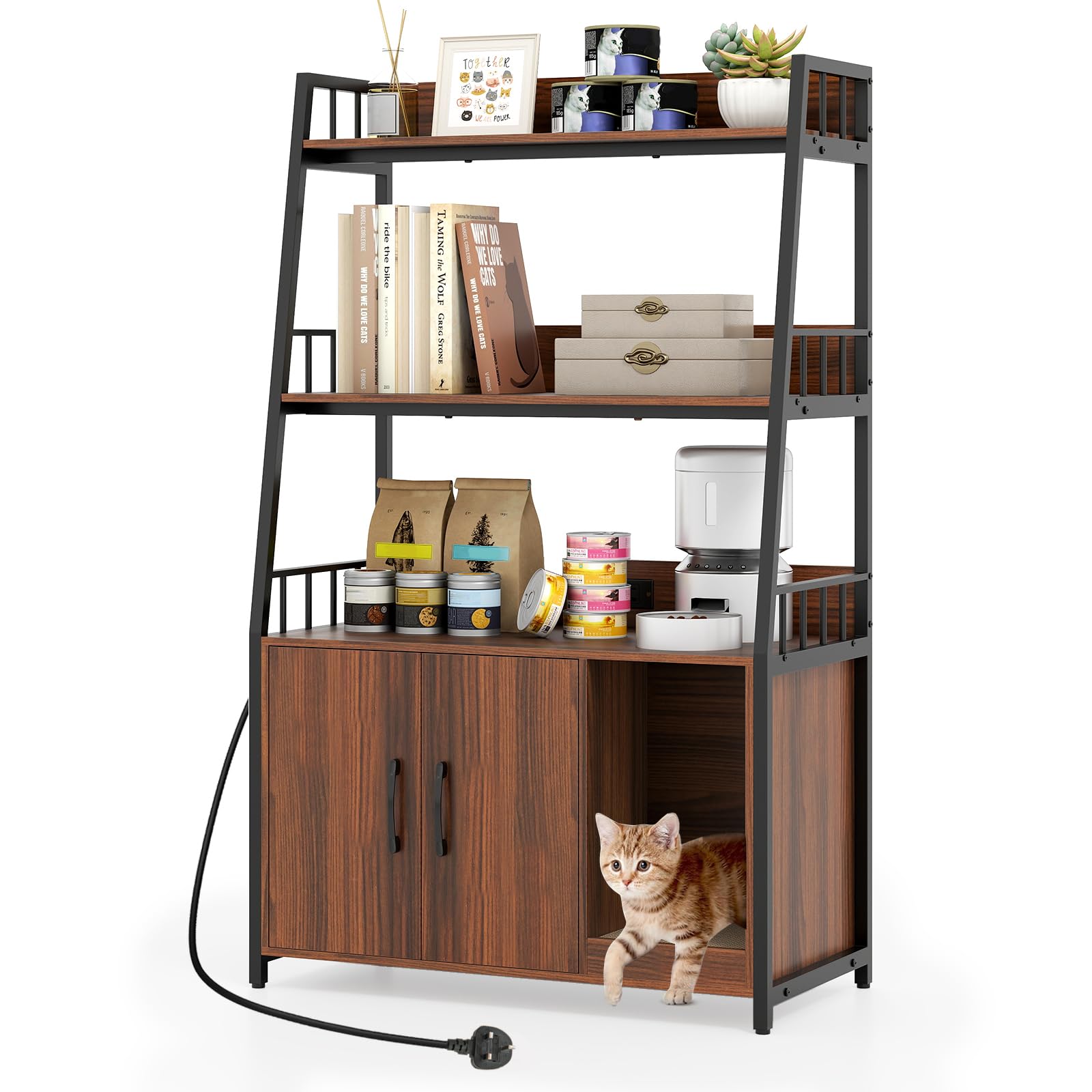 GYMAX Hidden Cat Litter Box Enclosure, Cat Washroom Cabinet with 3-Tier Shelves, Charging Station, Winding Entry & Scratching Board, Indoor Pet Cabinet Corner Shelf for Kitten (Walnut + Black) — image 1