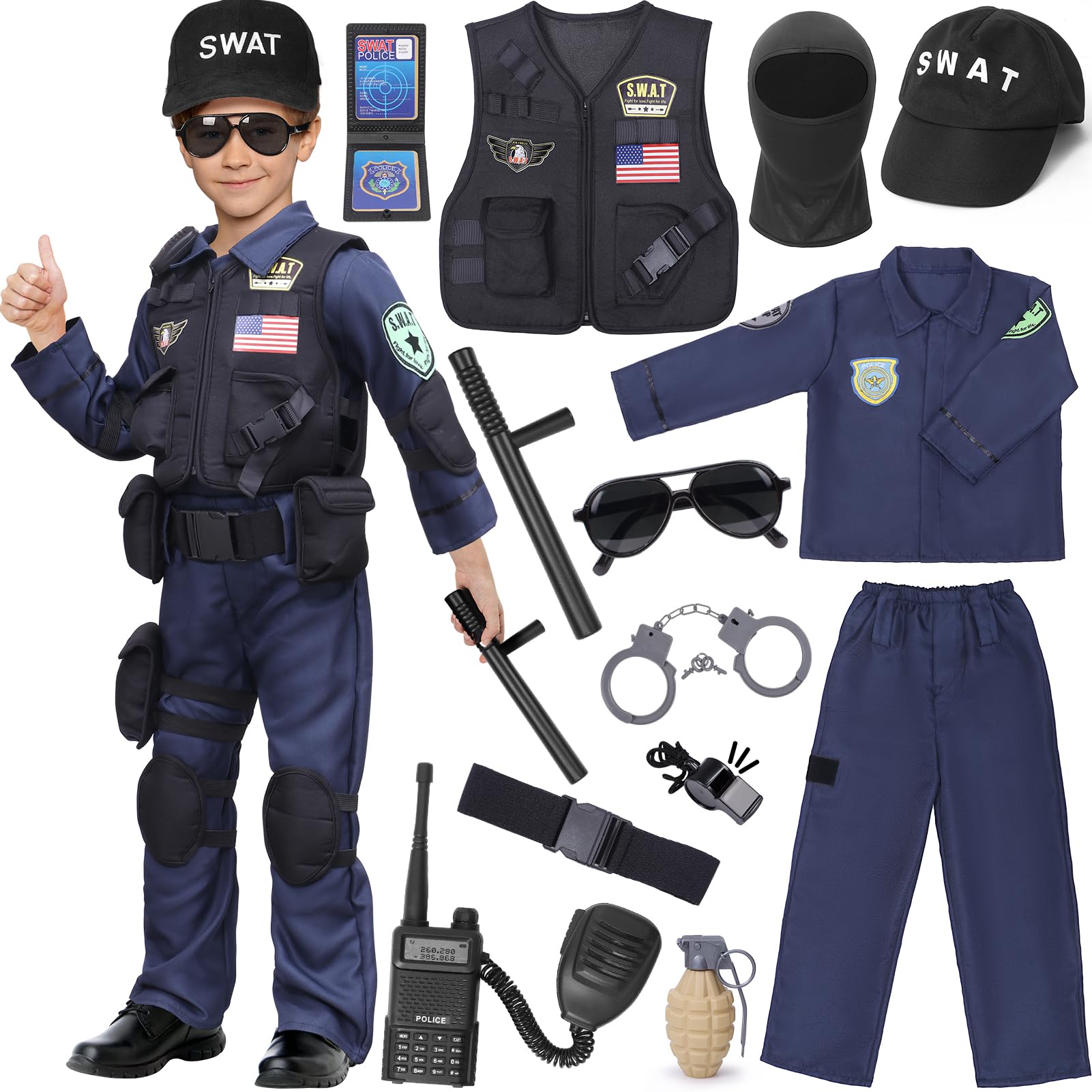 Latocos 15 PCS SWAT Police Officer Costume for Kids with Vest Accessories Cop Dress Up Role Play Set for Halloween Cosplay