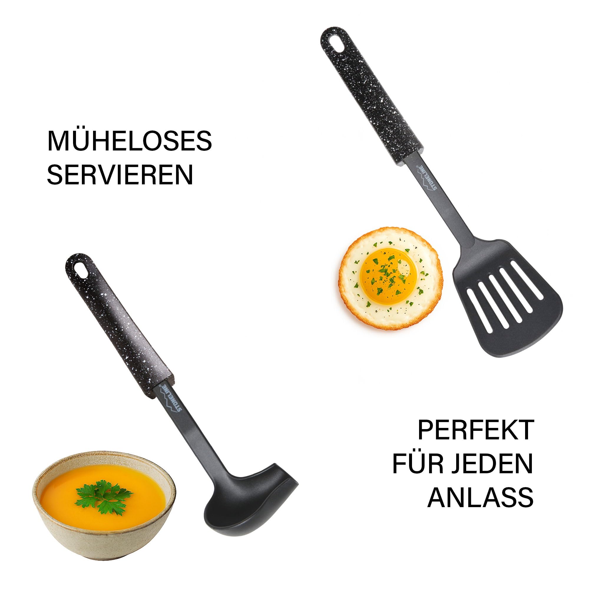 STONELINE Juego de 9 Utensilios de Cocina con Soporte Integrado al Mango, de Nylon Resistente al Calor para Ollas Sartenes Antiadherentes Utensilio Cocina Espátula Cucharón Varillas Cuchara Espumadera