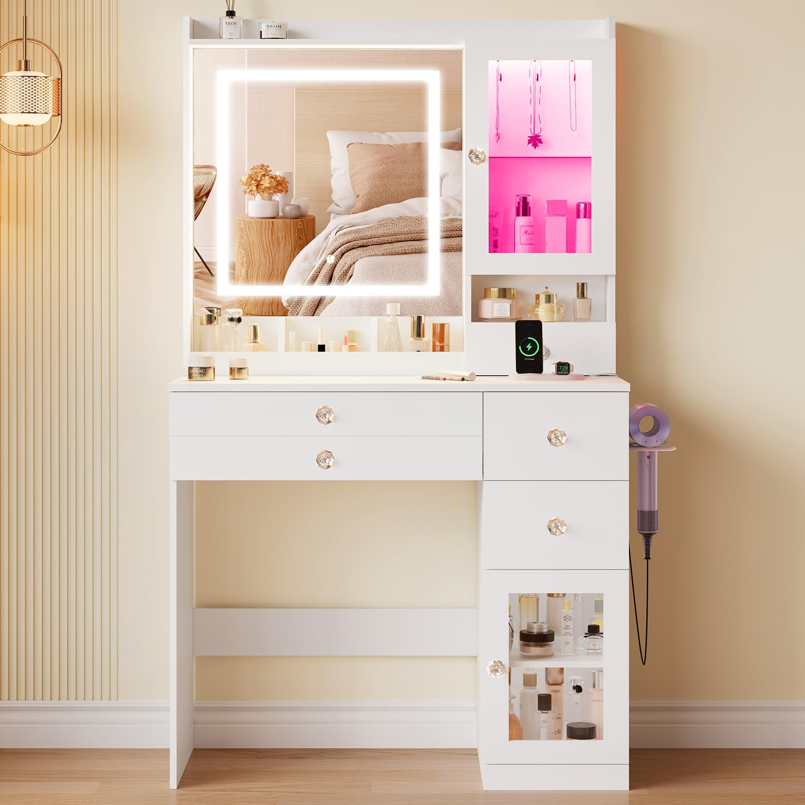 Dripex Dressing Table with Mirror and Lights, Vanity Table with Large LED Mirror, Power Outlet and Hair Dryer Holder, Makeup Desk with 2 Display Cabinets, 3 Drawers and 4 Open Shelves