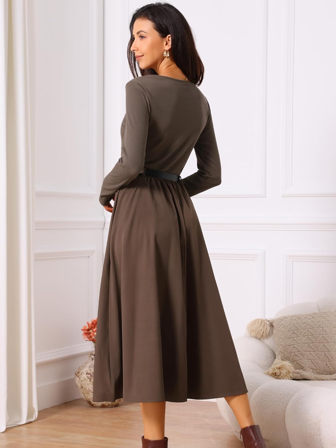 Seta T Women's Midi Dress Crewneck Long Sleeve Flowy Casual Dresses with Belt Fall Winter Outfits - Image 4