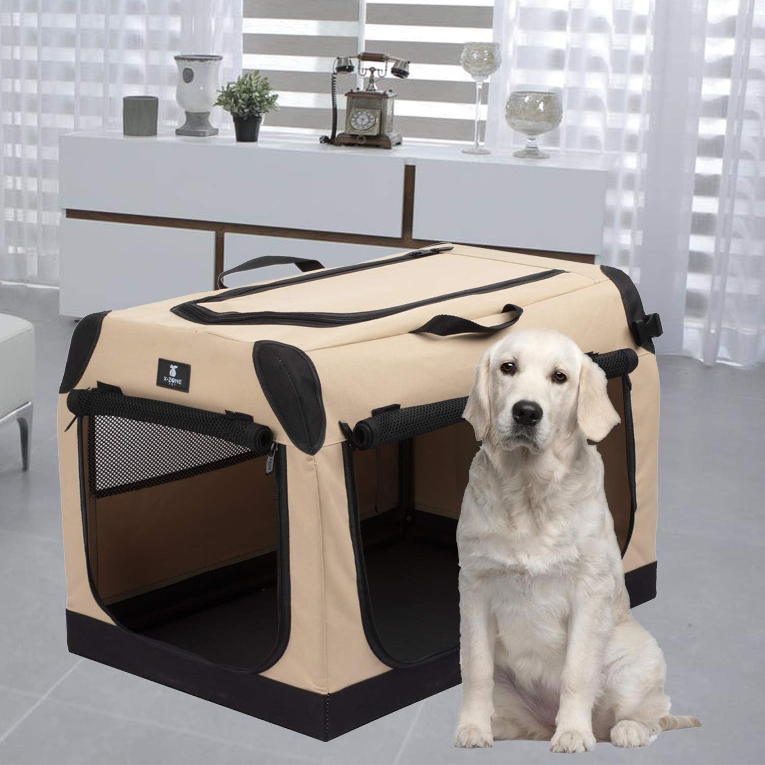 X-ZONE PET Foldable Soft Dog Crate 3-Door Pet Kennels for Dogs and Cats Sturdy Durable Pet Crate for Travel,Indoor&Outdoor Use Multiple Sizes (36-Inch)