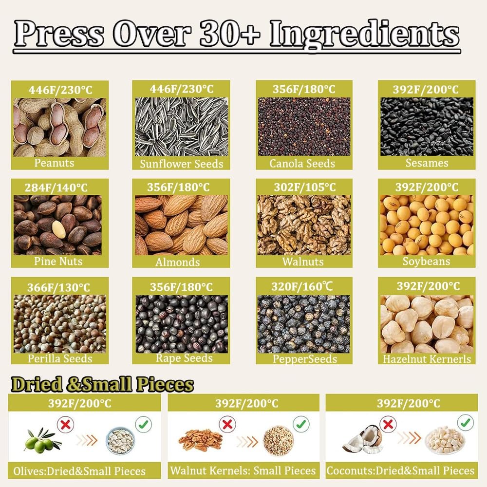 Pressa Automatica per Olio, 1100 W, pressatura a Caldo e a Freddo, Elevata resa 4-9 kg/h, Acciaio Inox 304, Facile da Pulire, Maniglia Pieghevole, per Semi, Frutta secca e produzio