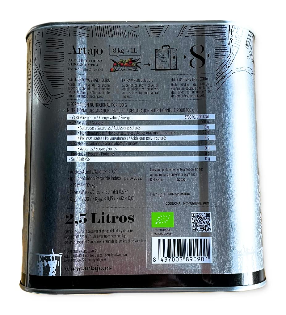 Artajo aceite de oliva virgen extra bio organic variedad koroneiki lata de 2,5 L.