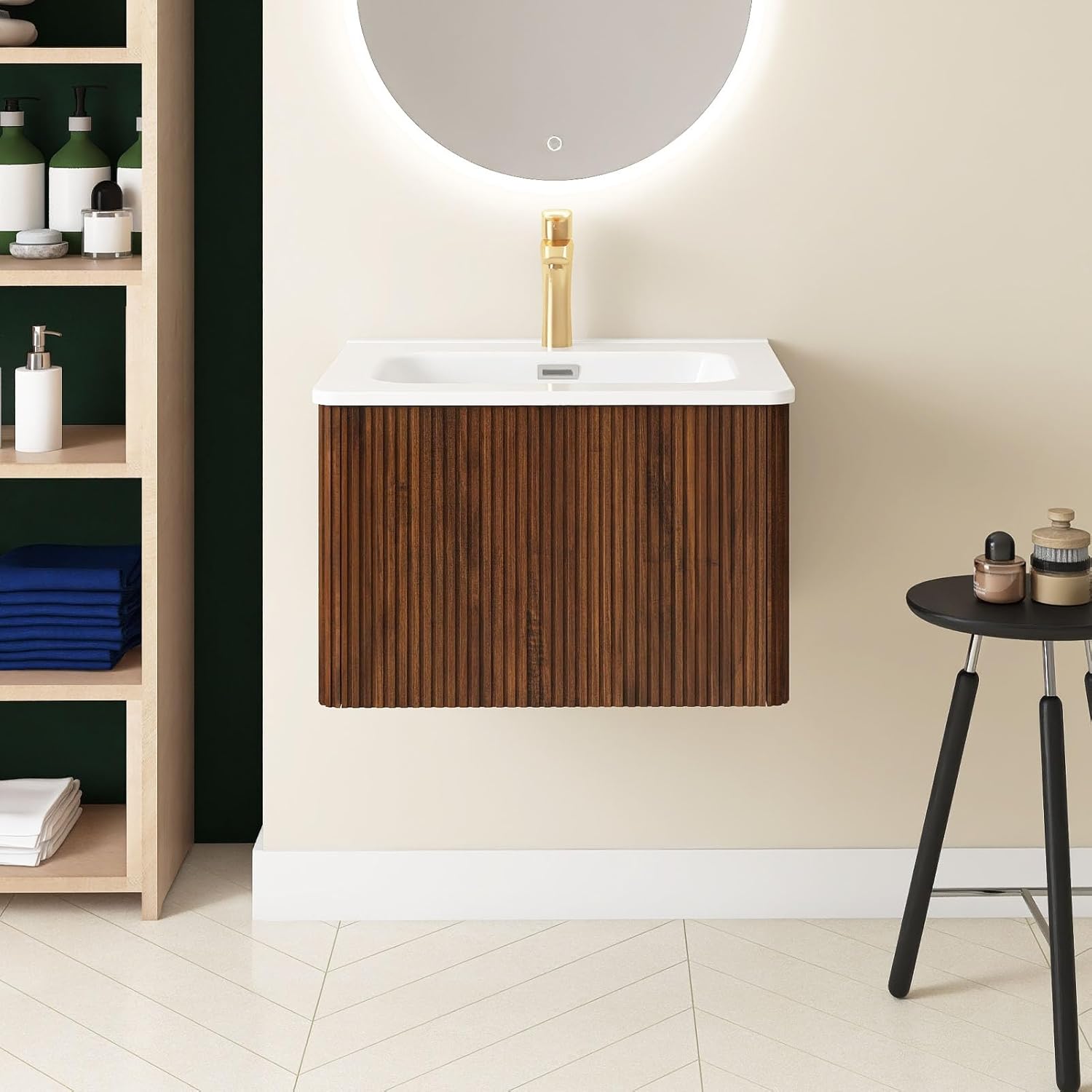 Modern Striped Design Bathroom Vanity with Sink, Wall Mounted Bathroom Vanity Cabinet with Soft Close Drawer, Large Storage, Easy to Clean(Walnut, 24Inch)