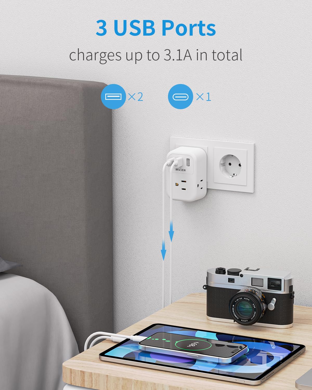 Mscien Adaptateur de voyage type E/F, Allemagne, France, adaptateur secteur, prise Schuko avec 3 prises CA, 3 USB (1 USB C), adaptateur prise US vers Europe, UE