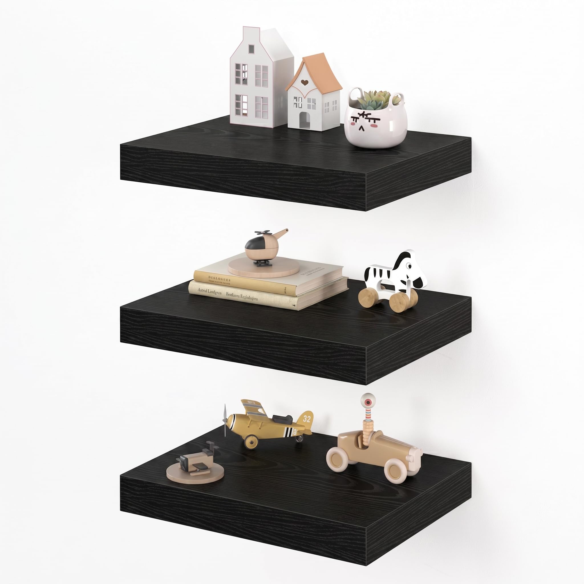 Dreamland 16" Floating Shelves for Wall, 12" Deep Thicker Black Floating Shelves, Wall-Mounted Shelves for Bedroom, Living Room, Kitchen, Bathroom - Set of 3
