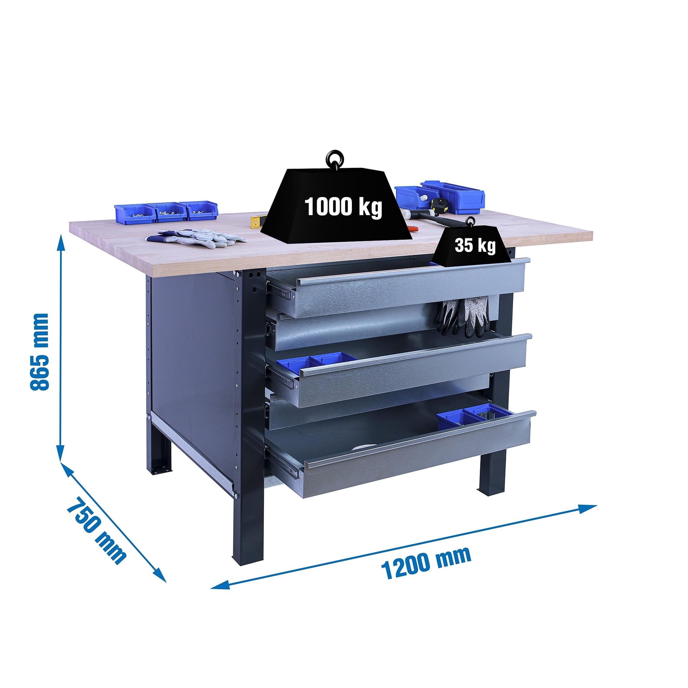 SimonRack Banco de Trabajo Taller, Capacidad Carga 1000 kg, 865x1200x750 mm, Mesa de Trabajo, 5 Cajones, Antracita/Haya - BT6 PRO | Tablero Madera Alistonada 32 mm, Capacidad Carga 1000 kg, Madera Haya, Antracita , Pintura anticorrosión