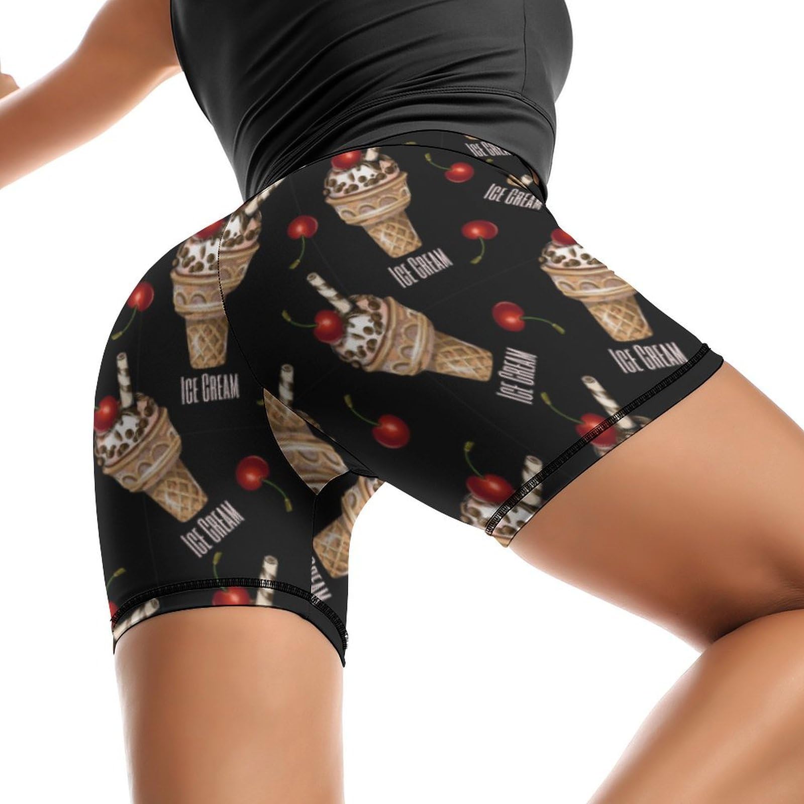 Ice Cream and Cherries Pattern High Waist Yoga Shorts for Women Athletic Shorts Leggings Running Pants