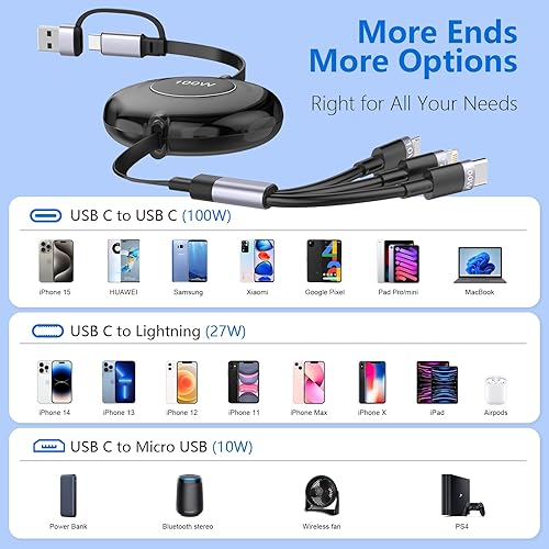 Miniatura 2 de Cable de carga USB C a múltiple de 100 W, cable de carga retráctil para iPhone 15 con tipo C 100 W+IP 27 W+Micro USB 10 W cargador de teléfono