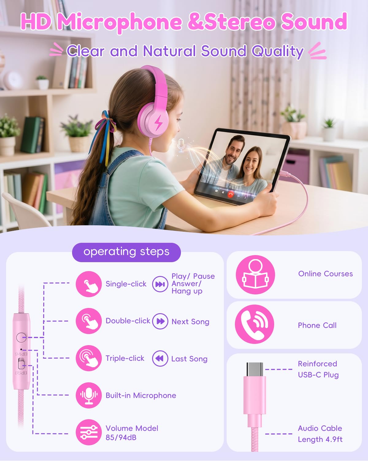 Candy Bila Cuffie per bambini per la scuola, cuffie USB C per bambini, cuffie cablate per bambini, suono stereo HD, cuffie sovraurali pieghevoli per bambini, ragazze, PC, tablet, colore rosa scuro