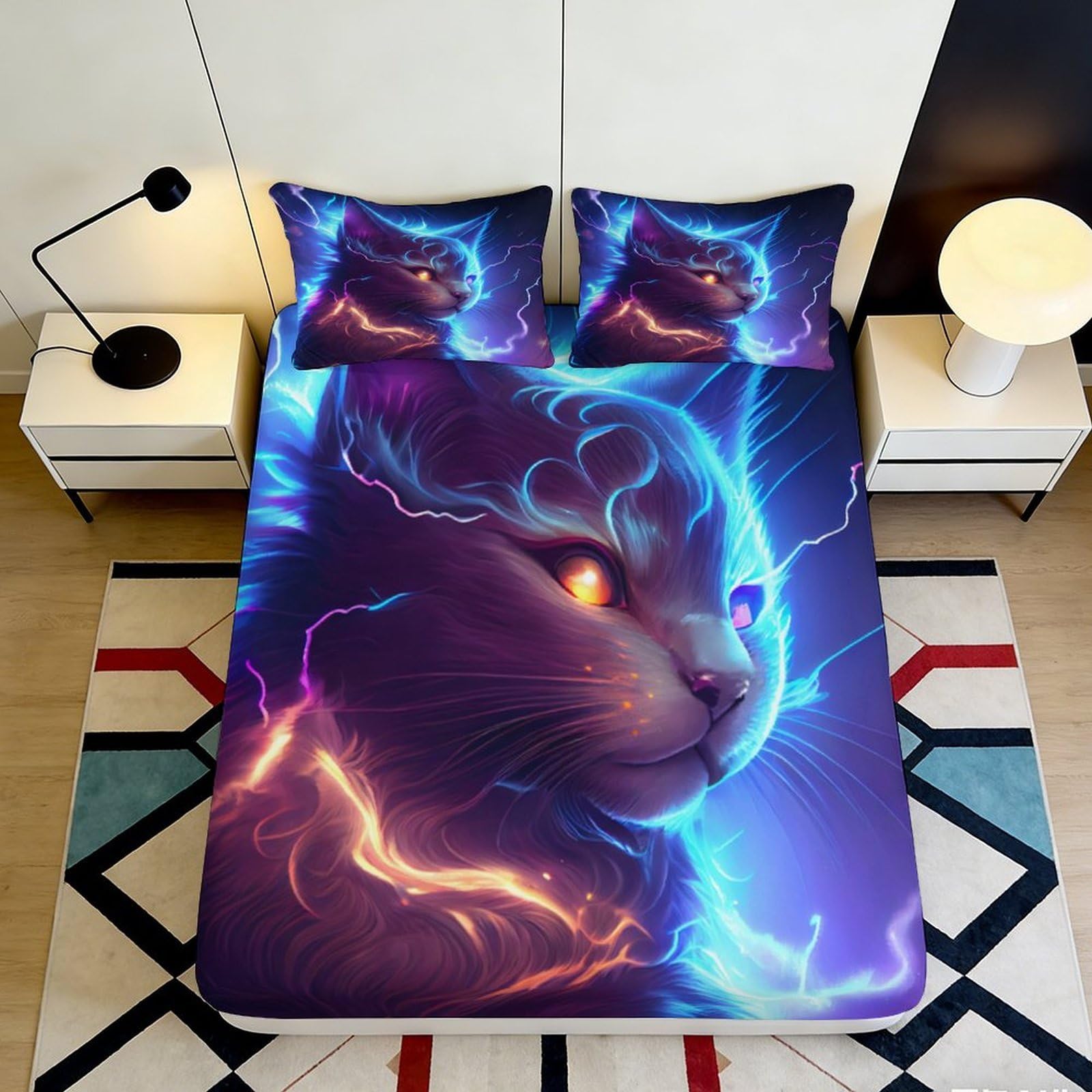 Decorative Lightning Cat Fitted Sheet 3D Printed Microfiber, Soft Touch, Bed Cover for Bedroom, Guest Room Bedding, Easy Care, 100-120cm 90x200x25cm