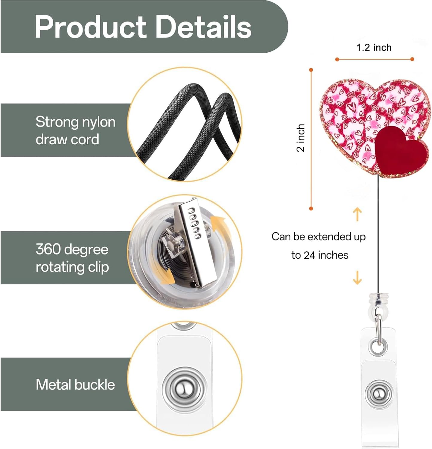 Valentines Badge Reel Heart Badge Reels Retractable Red Heart Acrylic Retractable Badge Holder 360 Rotating Badge Clip Glitter Heart Badge Clip Valentines ID Badge Holder for Nurse Doctor Teacher - Image 3