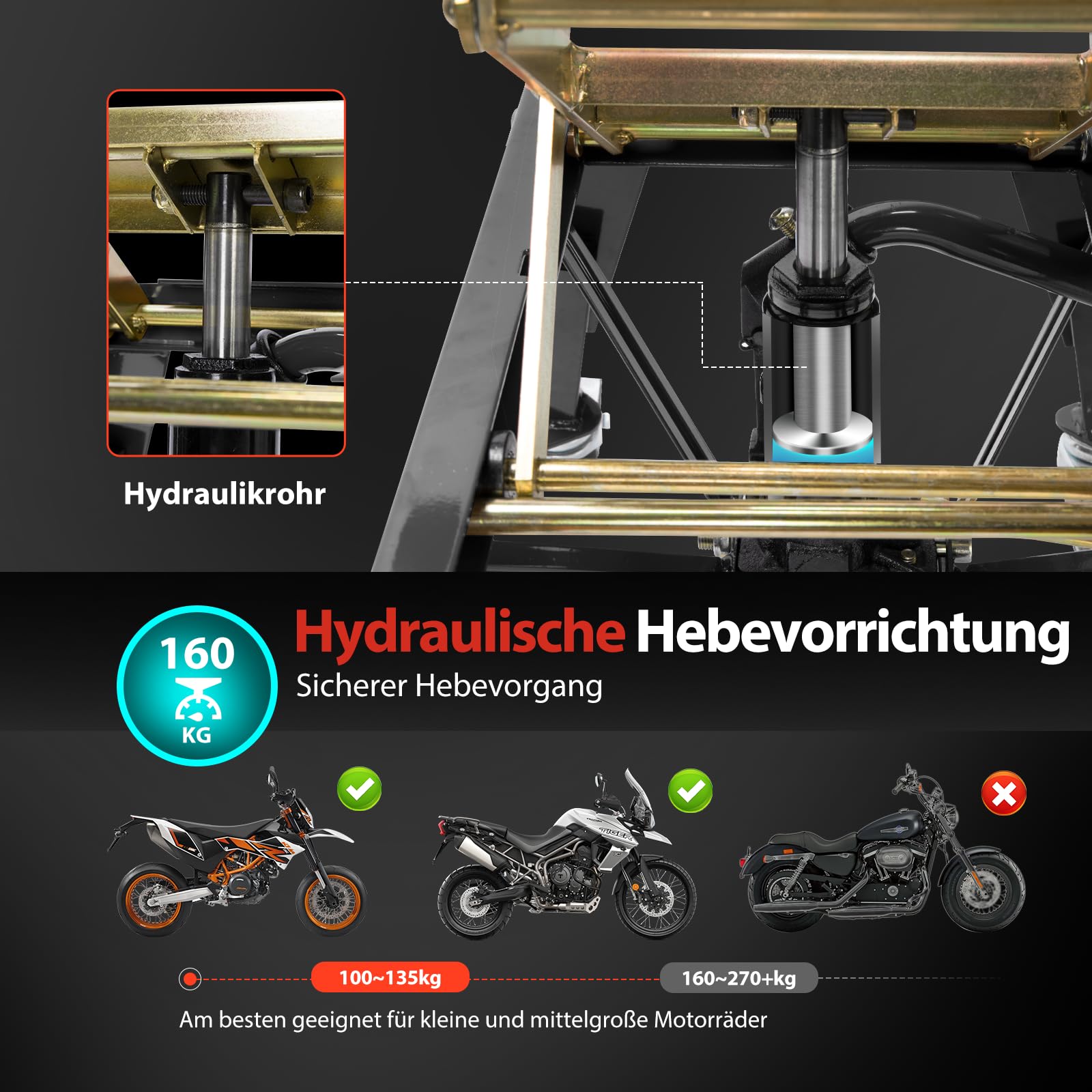VIVOHOME Hydraulischer Motorrad-Wagenheber Motorradhebebühne bis zu 160kg mit Fußbetätigung ATV Dirtbike Scherenständer mit 4 Rädern