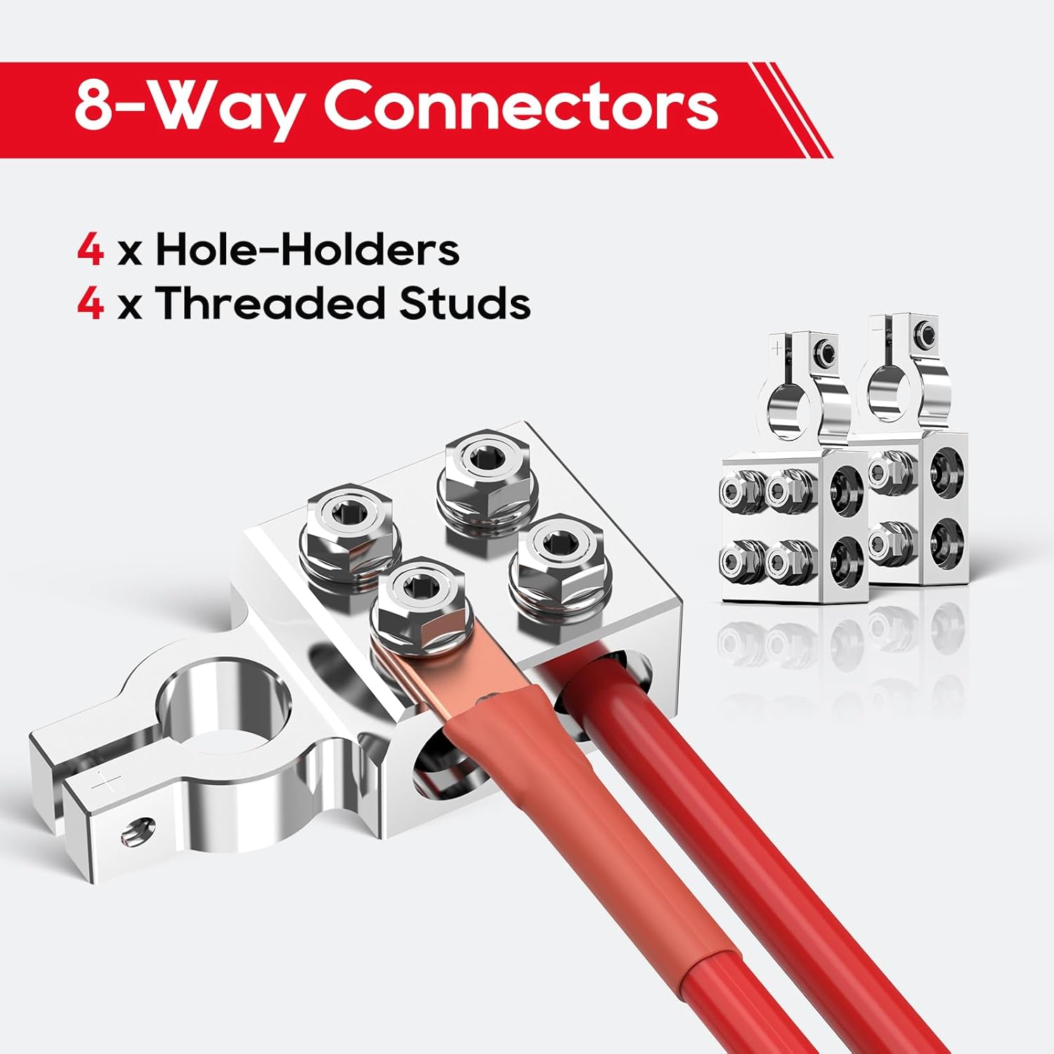 TOPDC 8-Way Lead Acid Battery Terminal Connector, Battery Cable Ends 8AWG up to 4/0(XL) AWG, Positive and Negative (+/-)(Pair) for SAE/DIN/EN Tapered Top Post (Pack of 2)