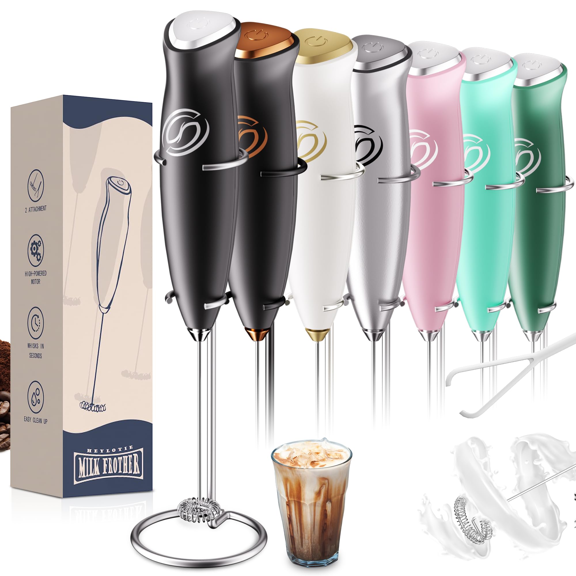 Milk Frother With Stand Handheld Frother Wand Drink Mixer Handheld Coffee Stirrers Electric Frother for Coffee Mixer Wand with 2 Whisk frother for protein powder-Black