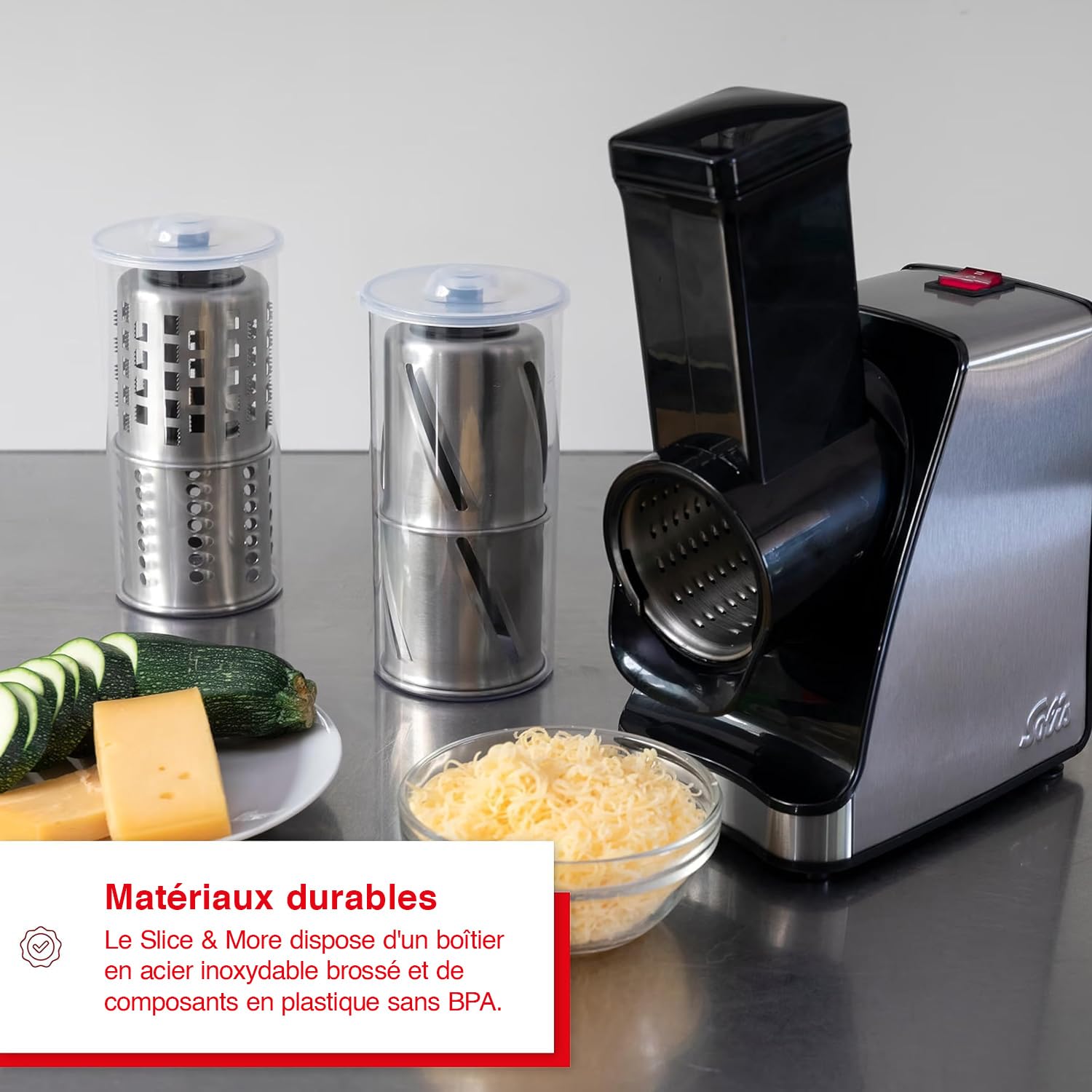 Solis Slice & More 8401 Coupe-légumes Électrique, Polyvalent, Trancheuse en Spirale, Râpe à Légumes avec 5 Tambours de Coupe, en Acier Inoxydable/Plastique, 350 W, Argenté/Noir