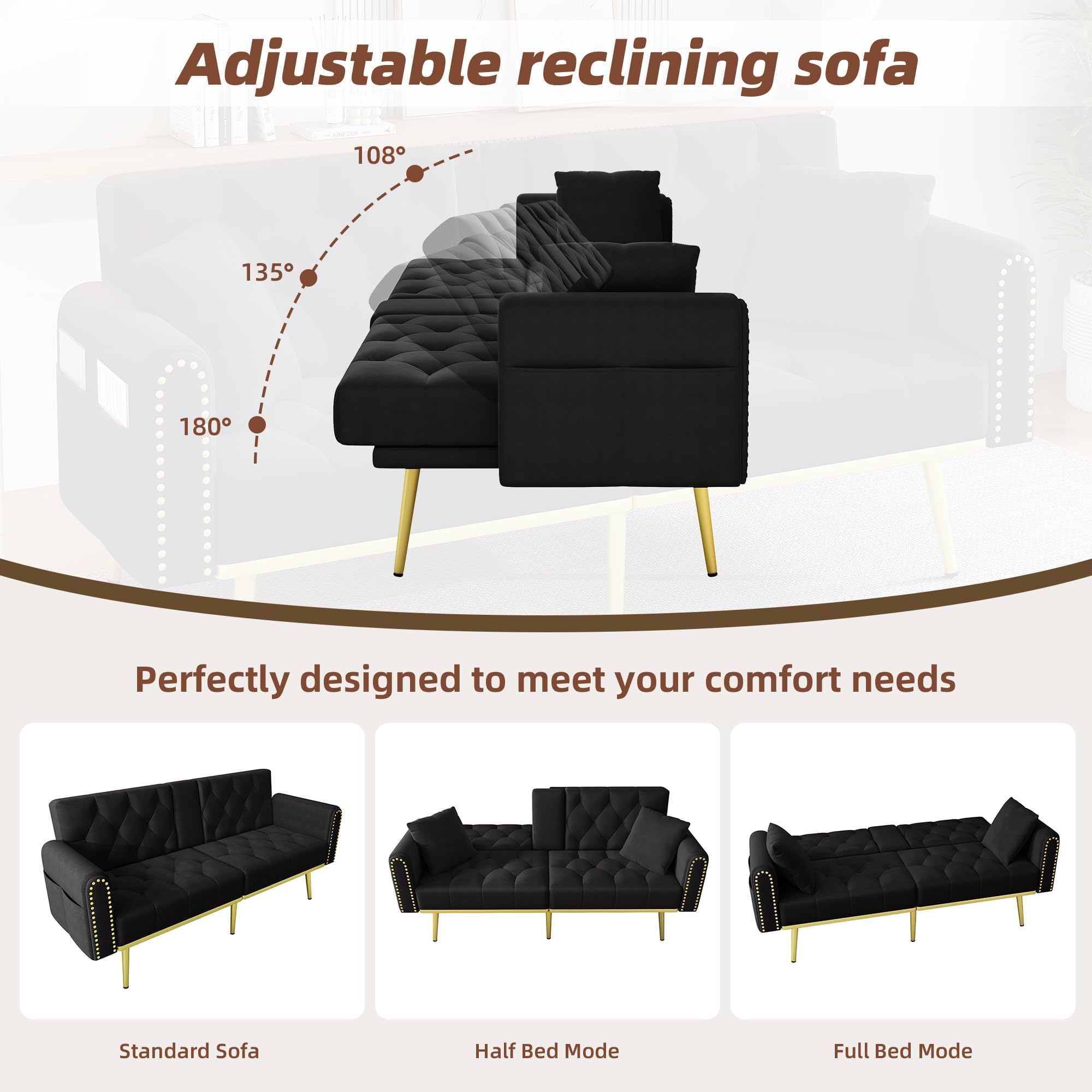Sofá cama de 2 plazas con respaldo ajustable, moderno sofá tapizado con patas doradas, puertos USB, soporte para teléfono móvil, sofá plegable multifuncional para salón (negro)