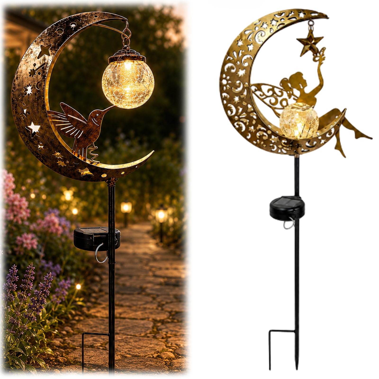 FlyShangUgo Hummingbird Moon Solar Garden Stake Light, Half Moon Solar Hummingbird Lights Outdoor for Patio Yard Pathway Decorative Metal Bird Crackle Glass Globe Lamp Ornament Gift Idea (C)