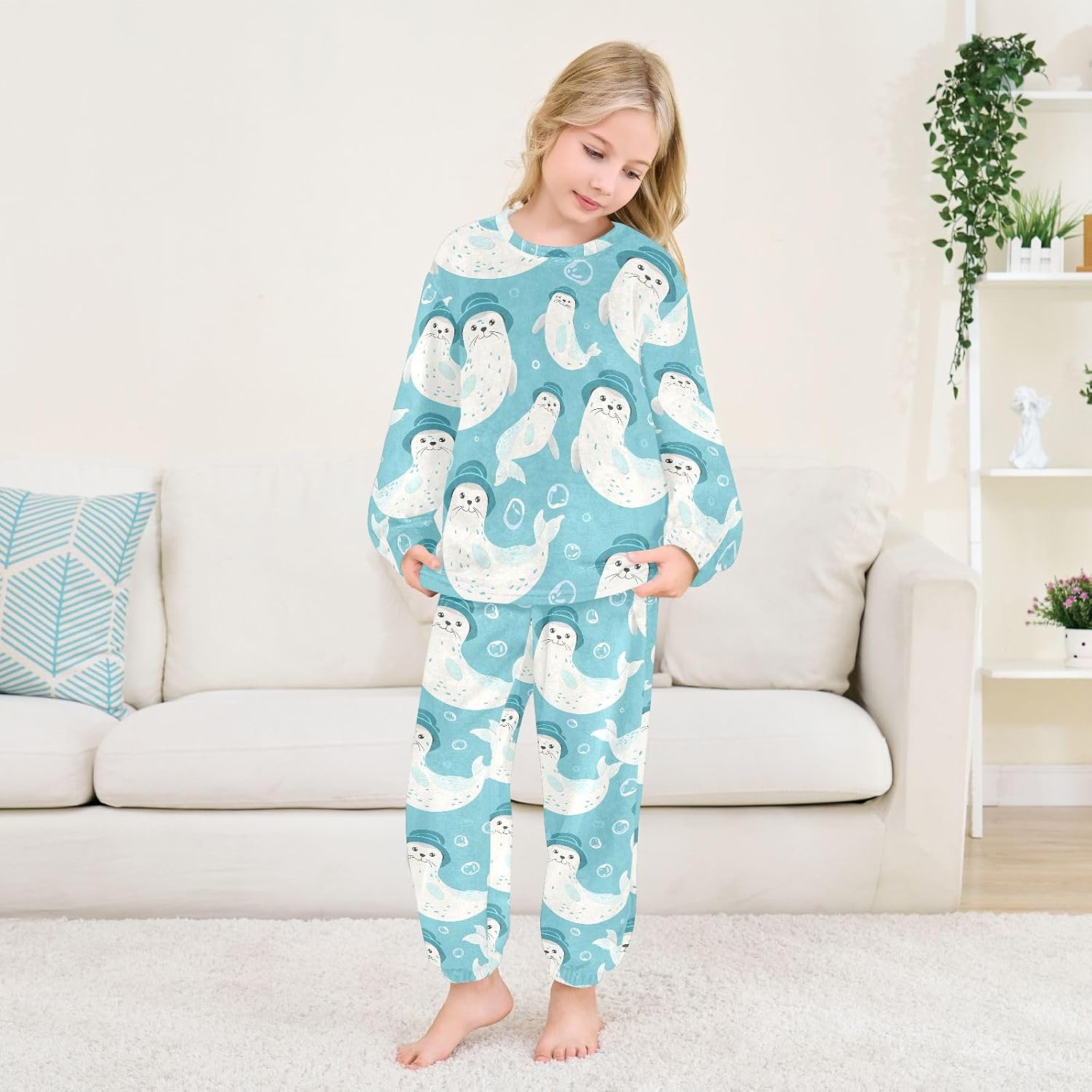 Kids Flannel Sets Seals Wearing Hats Warm Plush Relaxed Clothing for Boys and Girls