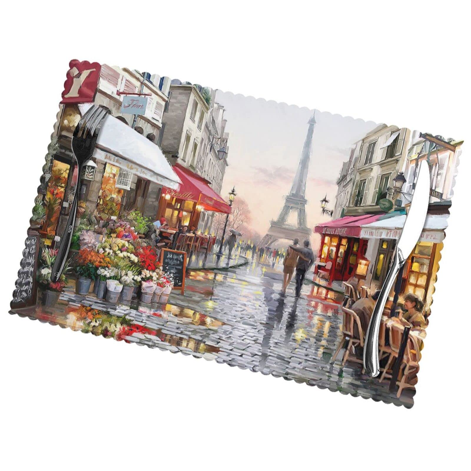 Oil Painting Paris Street Scene Eiffel Tower Print Premium Oil And Heat Resistant Placemats For Dining Table Set (6-Pack) - 12x18in