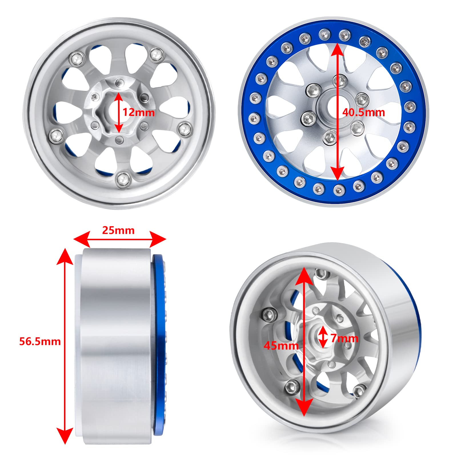 Moyeux de jante de roue en alliage d'aluminium RC, 4 pièces, pour