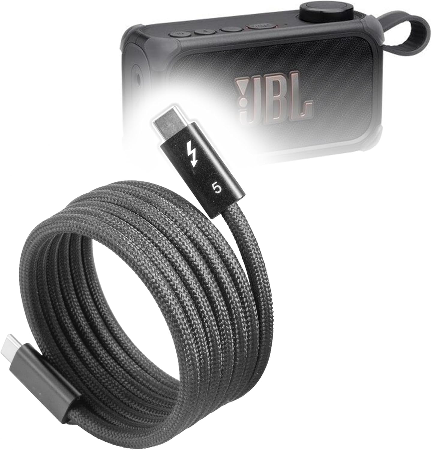 BoxWave Cable Compatible with JBL Bandbox Solo - SnapWrap Thunderbolt 5.0 Cable (5ft 240W), Magnetic Self-Coiling Nylon Braided Retractable - Jet Black