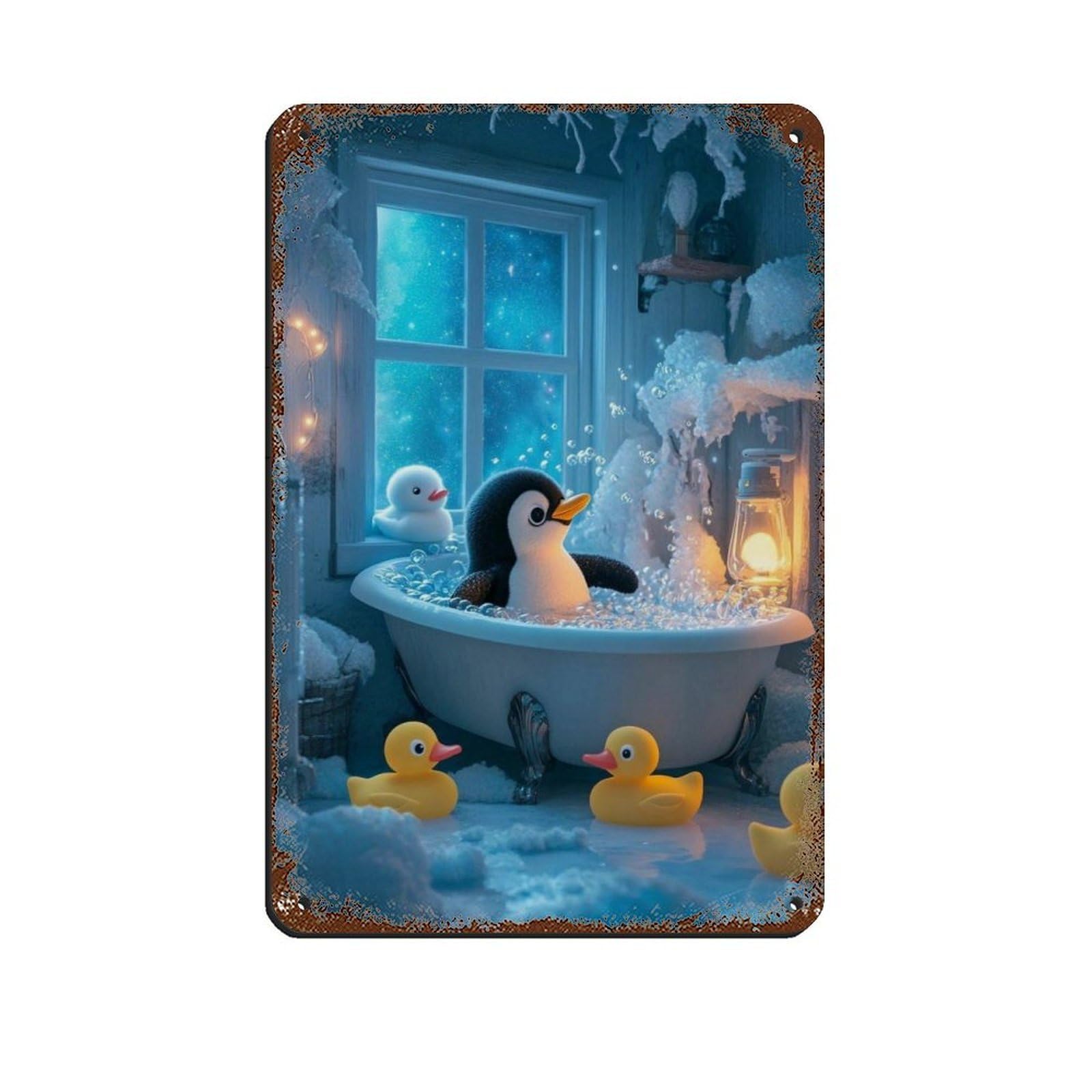 Lxwnze 20L X 30W Cm Cute Penguin Bubble Bath Tin Sign Vintage Metal Pub Club Cafe Bar Home Wall Art Decoration Poster Retro 8X12inch(20X30cm)