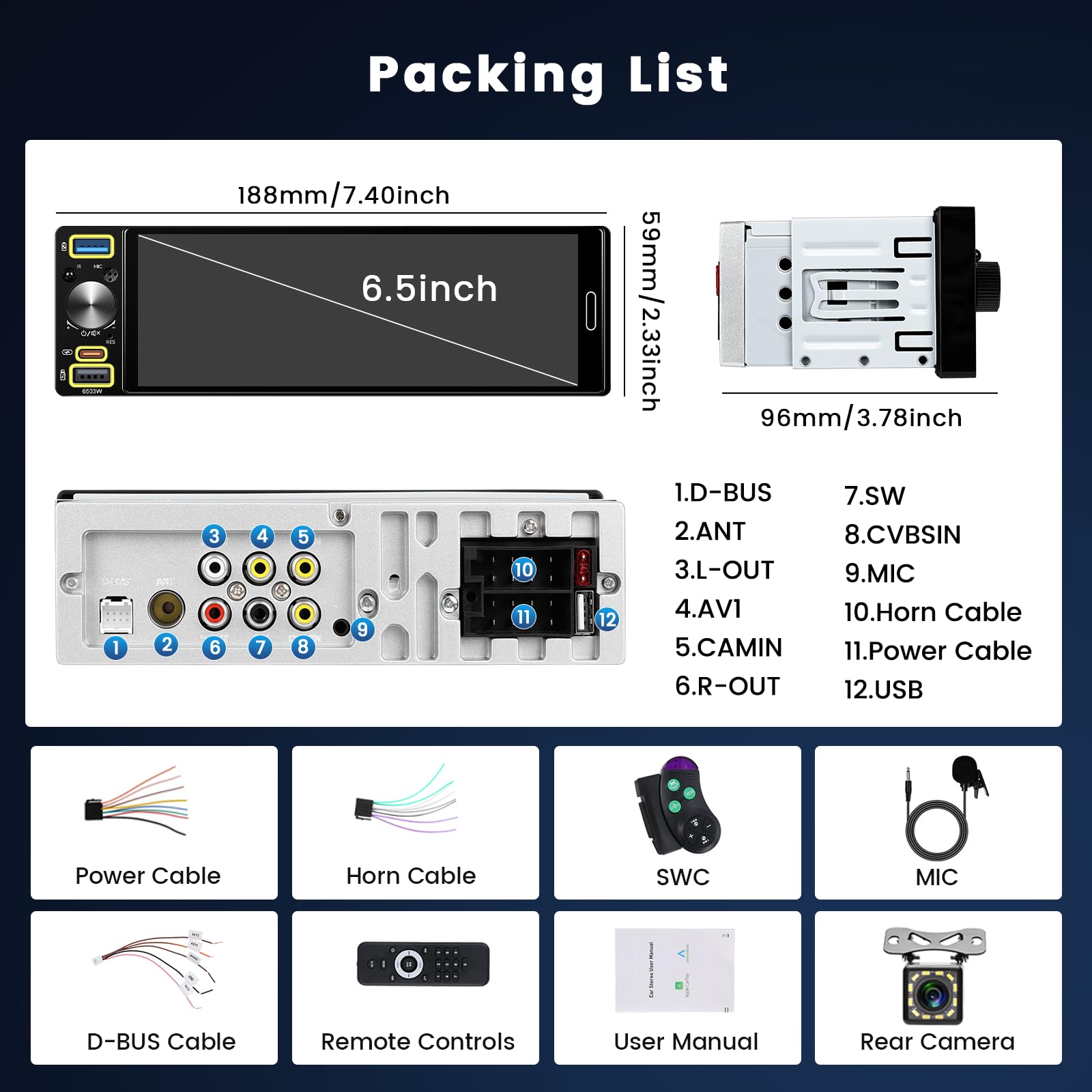 Hikity 6.5" 1 DIN CarPlay Radio Coche con Bluetooth FM RDS | Incell Pantalla Táctil Android Auto Cámara Trasera Mirror Link EQ Control del Volante USB AUX