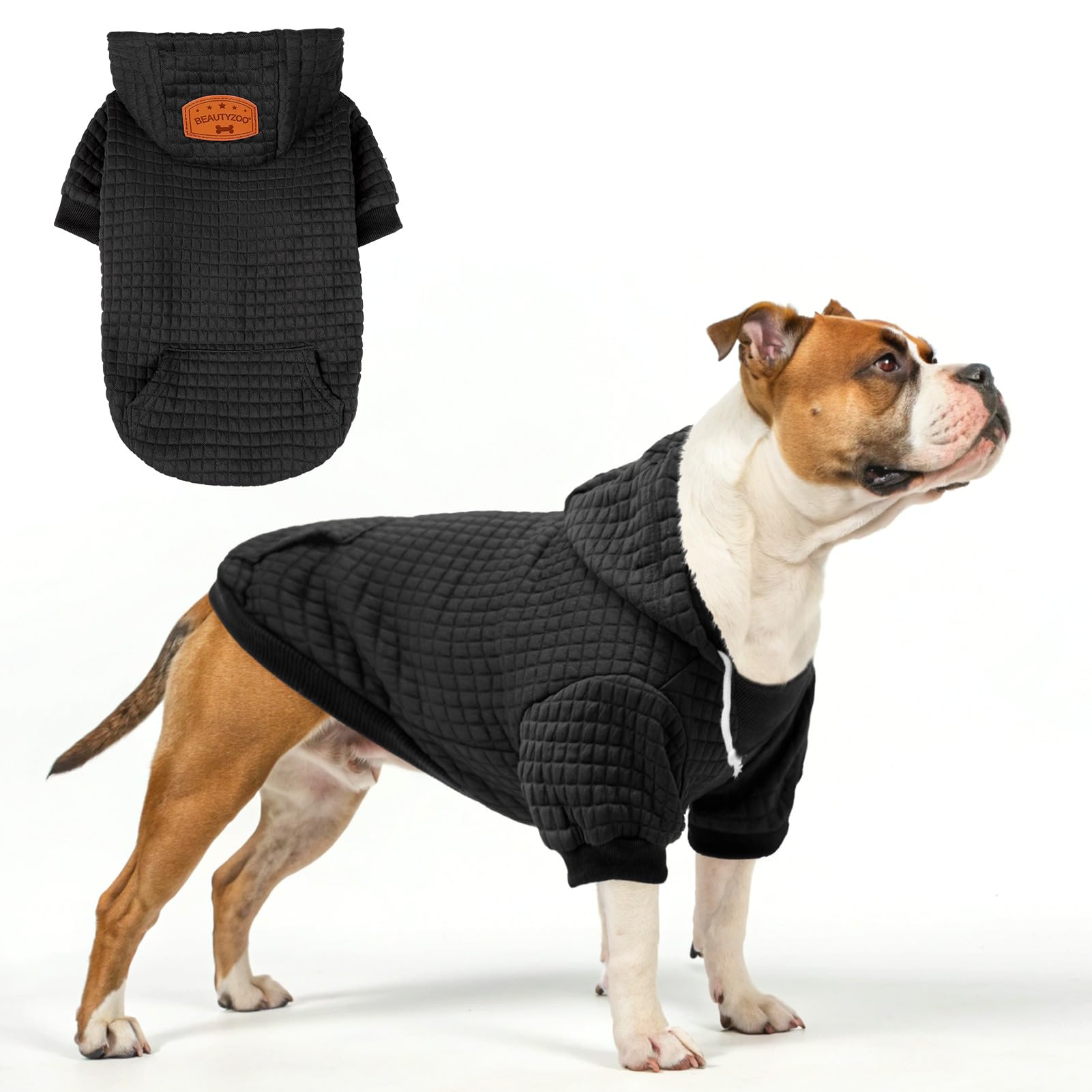 BEAUTYZOO Large Dog Hoodie Sweater with Pockets, Dog Clothes for Small Medium Dogs Boy Girl, Waffle-Like Laminated Cotton Pet Coats with Hat and Leash Hole, Black 3XL