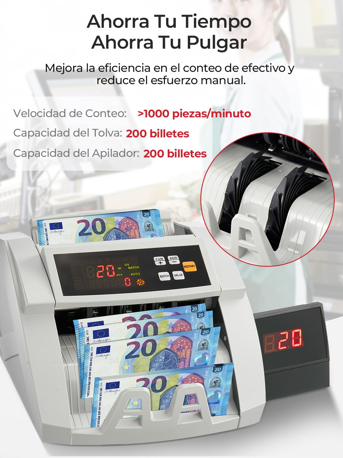 Contador de Billetes FOHERE, Maquina contar Billetes Profesional con Detección de Falsificación UV/MG/IR/DD, 1100 Billetes/Minuto, Pantalla LCD, Modos Valor y Lote para Tiendas, Bancos y Restaurantes