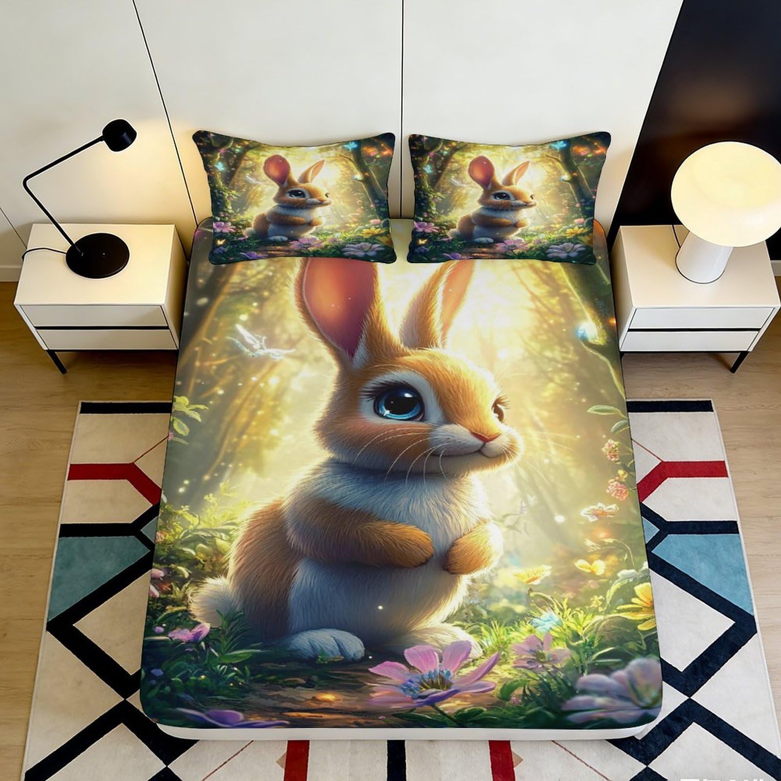 3D Printed Forest Rabbit Fitted Sheet Microfiber Soft Bed Cover for Bedroom Dorm Mattress Protection Decor 90x200x25cm