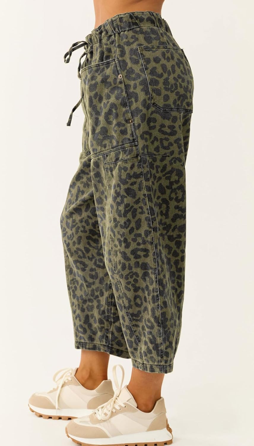 loveimgs Women Loose Leopard Print Cropped Denim Pants Barrel Jeans Elastic Waist Cheetah Wide Leg Harem Pants - Image 5
