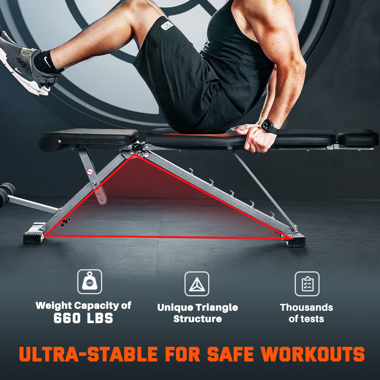 Lusper Adjustable Weight Bench - 660 LB Stable Weight Bench, Extended Head and Neck Protection Design, 3-Sec Fast Folding Multi-Purpose for Full Body Workout