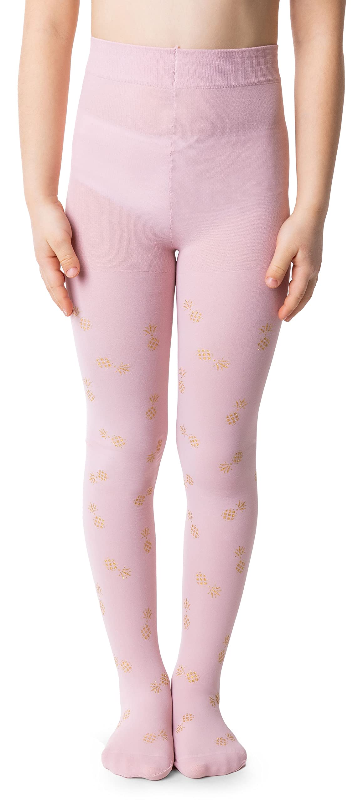 NOQ Children Thin Tights with Beautiful Print Girls Patterned Pantyhose 40 DEN School Dance Ceremony Casual, Pineapple Cotton Candy 8-9 years (140-146)