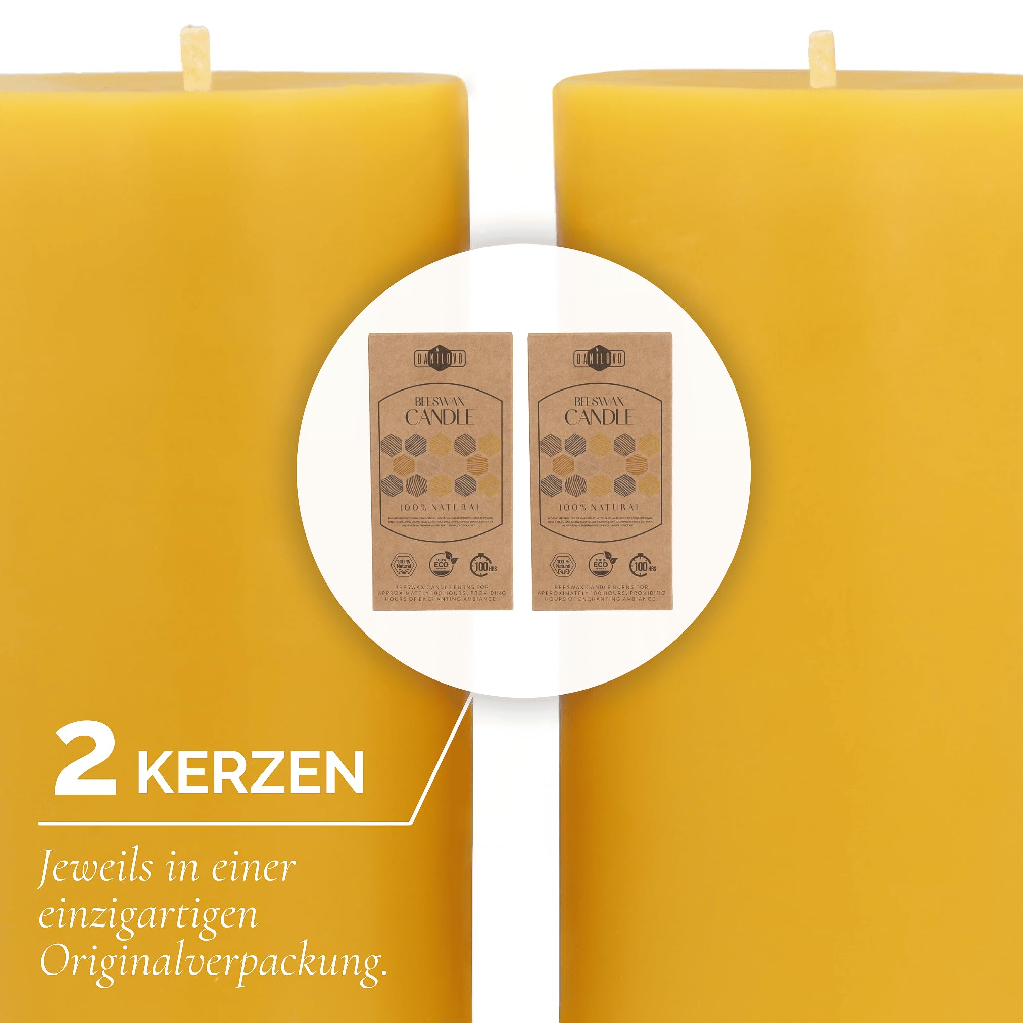 Danilovo Stumpenkerzen aus 100% Bienenwachs – Bienenwachskerzen in Premium-Qualität, Luxuriöses Accessoire für ein Gemütliches Zuhause (2 Stk., 7.5 x 15 cm, Brenndauer 100 Std)