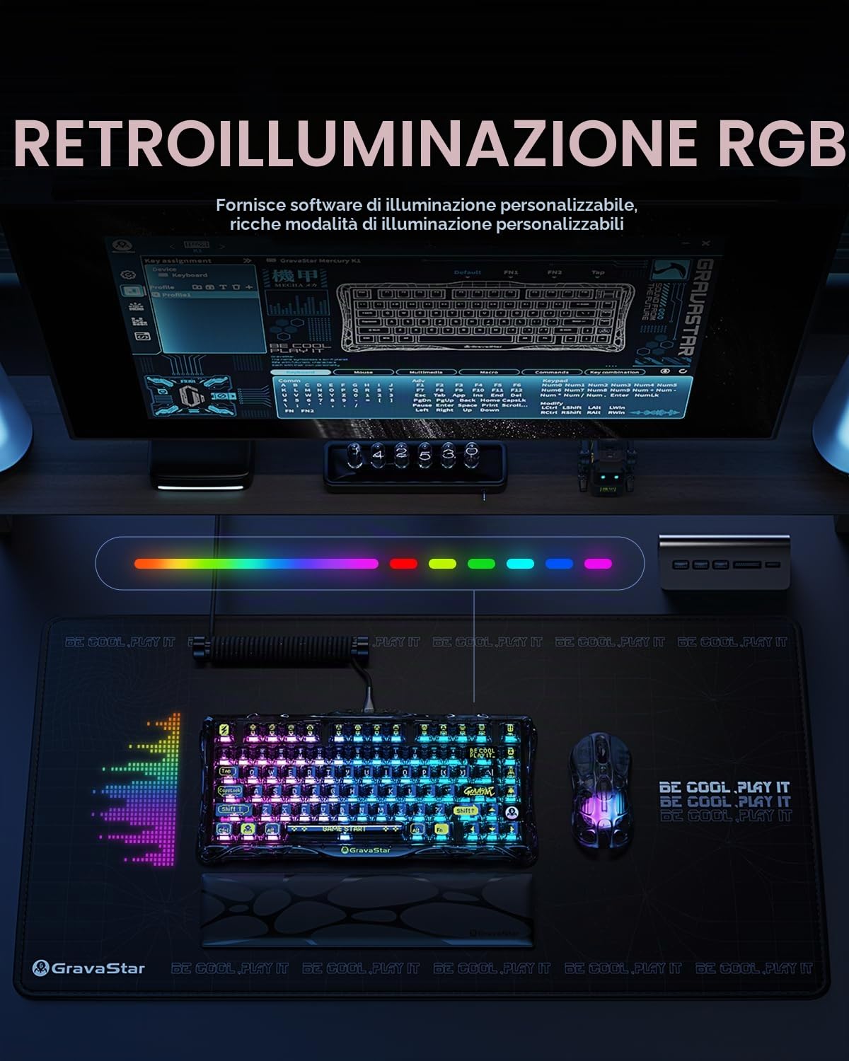 GravaStar Mercury K1 Lite QWERTZ tastiera meccanica (layout tedesco), 75% tastiera da gioco senza fili Tri-mode (2,4 GHz/Bluetooth/cavo), tastiera hot swap gamer, illuminazione RGB – nero trasparente