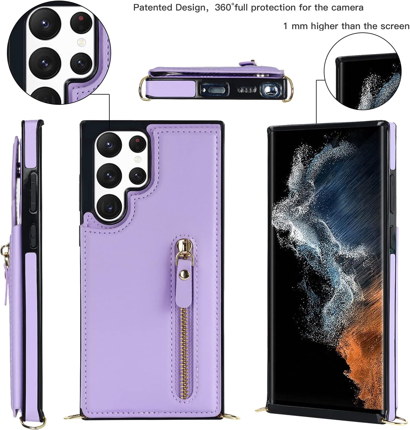 Crossbody Wallet Case for Samsung Galaxy S22 Ultra with RFID Blocking Card Slot Holder, Magnetic Flip Folio Purse Case, PU Leather Zipper Handbag with Detachable Lanyard Strap -Purple