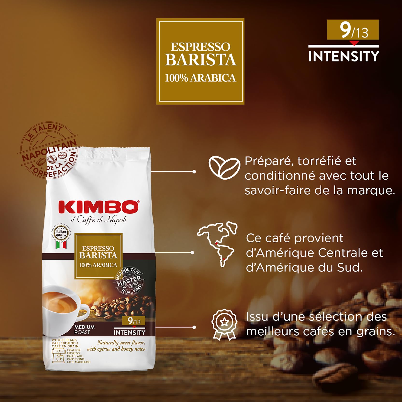 KIMBO - Café Espresso Barista - Café Grain 100% Arabica - Café Italien Authentique - Intensité 9 / Medium Roast - Lot de 6 Paquets de 1 kg