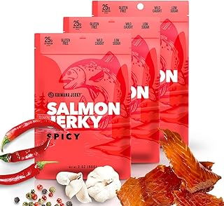 Kaimana Jerky Wild Caught Salmon Jerky - Organic Gourmet Dried Fish Strips Rich in Omega-3 & Protein - Low-Calorie Sweet Seafood Snack with No Gluten, Less Sodium & Sugar - Spicy Flavor - 3/2oz Pack