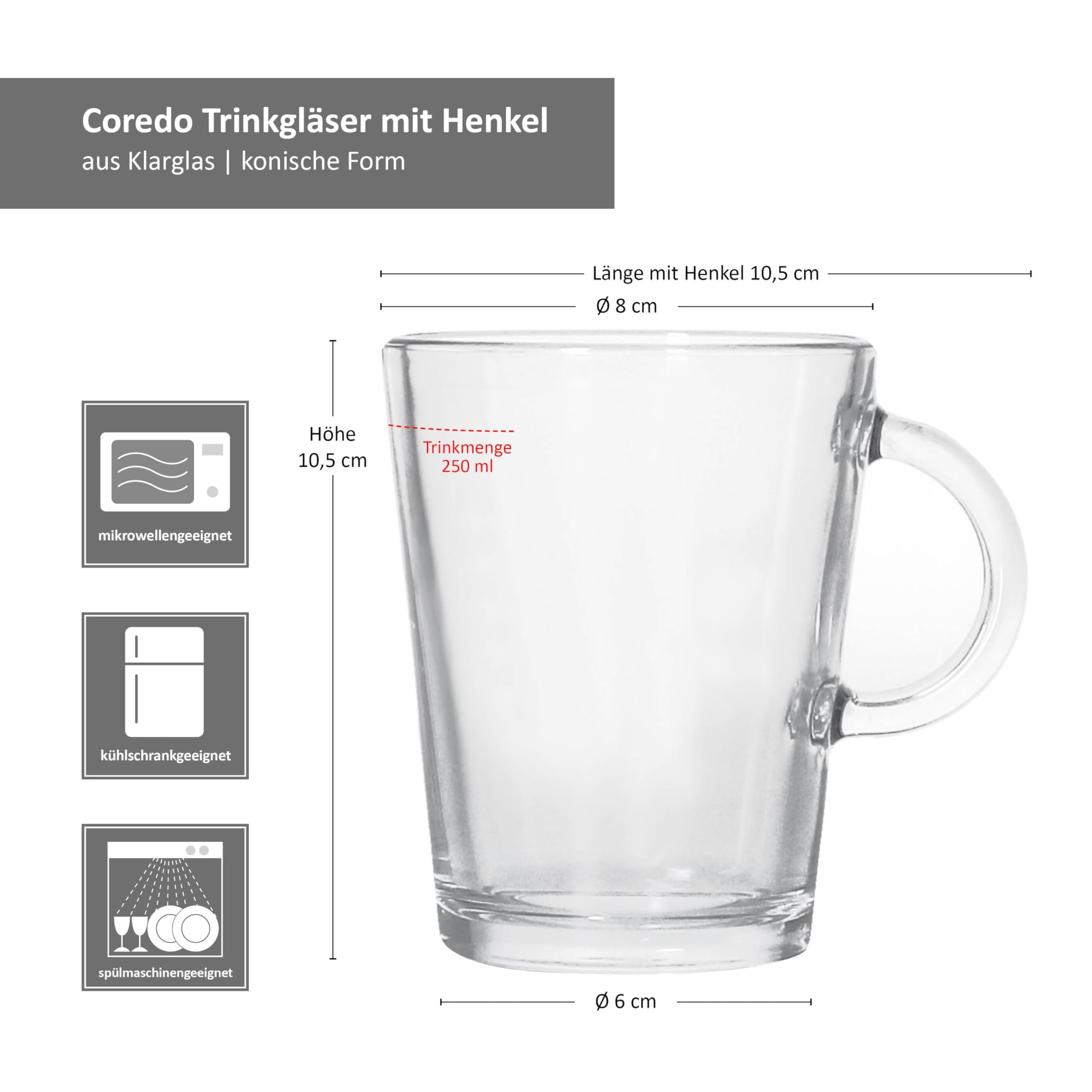Ritzenhoff & Breker Coredo Lot de 12 verres à thé avec anse - 250 ml - Hauteur : 10,5 cm - Avec anse en verre transparent - Pour café, cacao, cappuccino, latte macchiato et autres - Pour la maison et