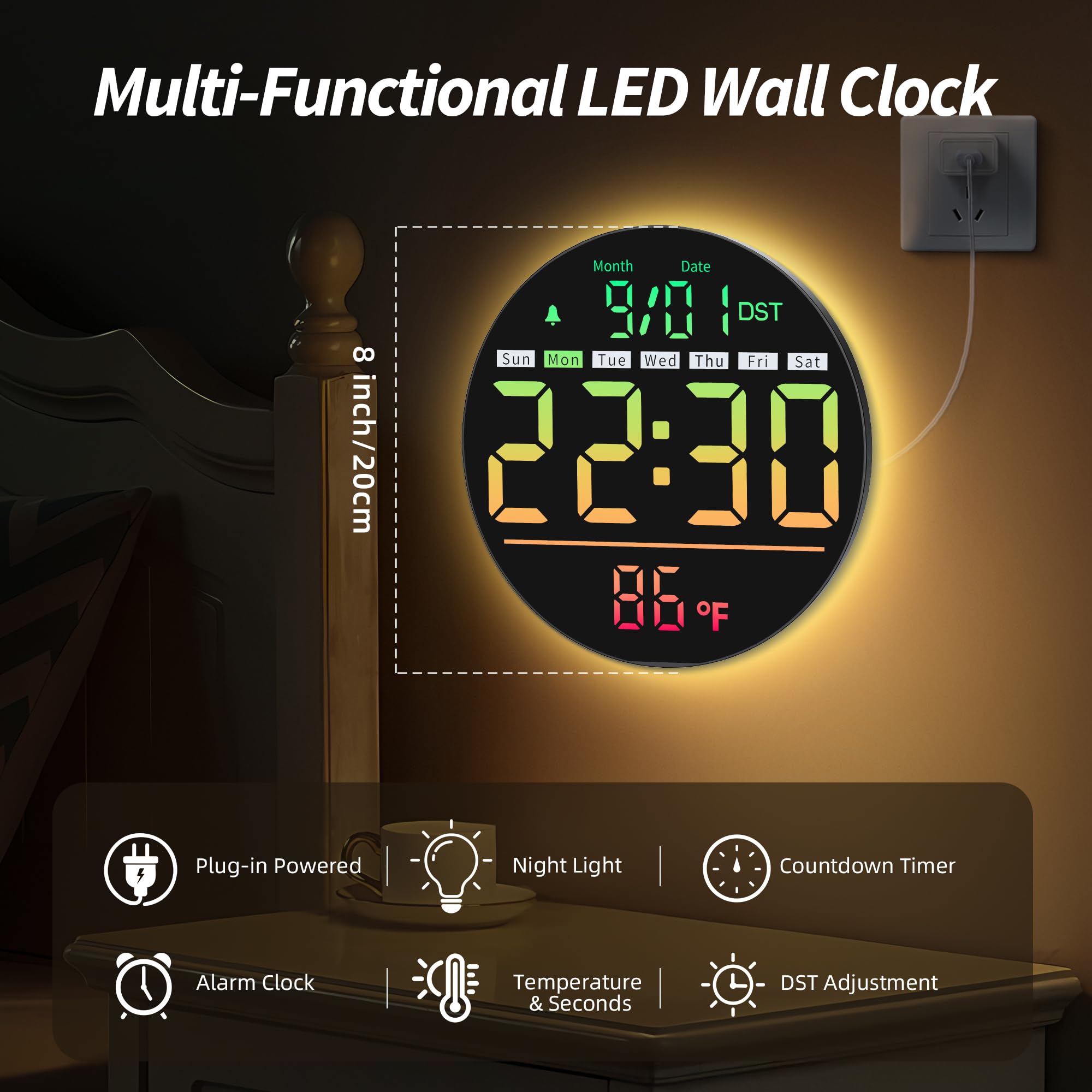 Maxstar 8’’ Digitale Wanduhr mit Nachtlicht, Alarm, 11 RGB-Farben, Temperaturanzeige, Sekunden, 5-stufige Helligkeit, Datum & Wochentag, Moderne elektrische LED Wanduhr für Schlafzimmer und Wohnzimmer