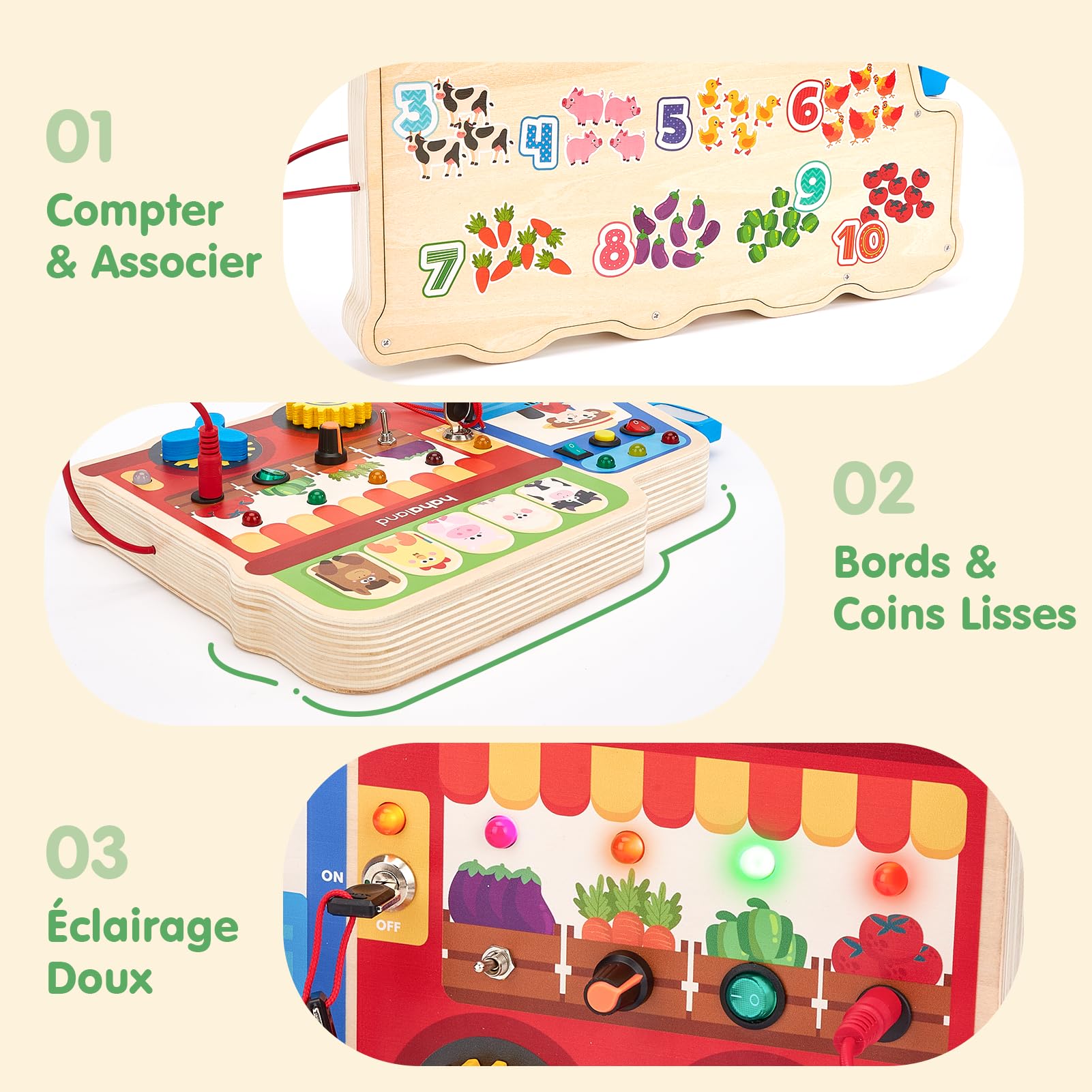 hahaland Busy Board Montessori – Tableau d’Activités en Bois avec Volant, Lumières LED, Engrenages, Interrupteurs & Sons d’Animaux – Jouet Éducatif & Motricité Fine, Cadeau Fille Garçon 1–3 Ans