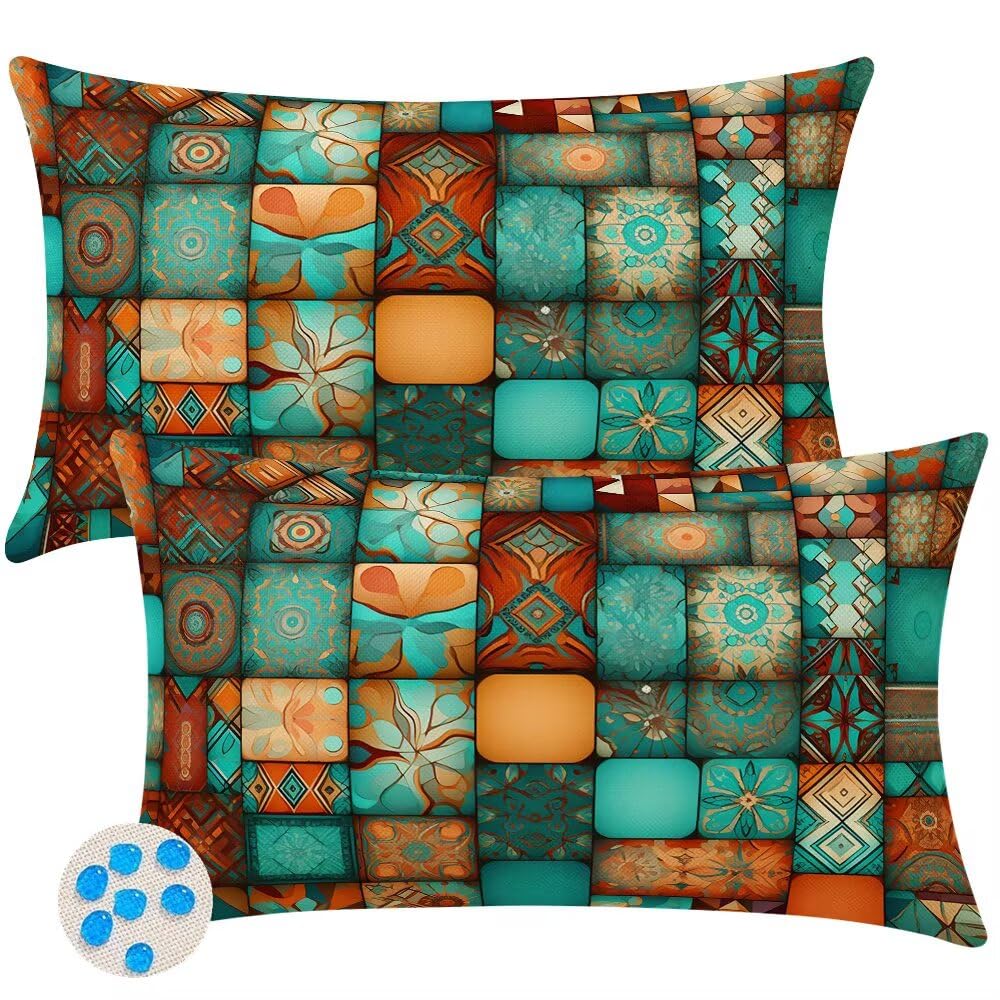 Outdoor Cushions Waterproof Cushion Covers 30cm x 40cm Pack of 2 Green Garden Cushion Cover Retro Geometric Throw Pillow Covers 12 x 16 Inch Outdoor Pillowcase for Garden Furniture Living Room -SC408