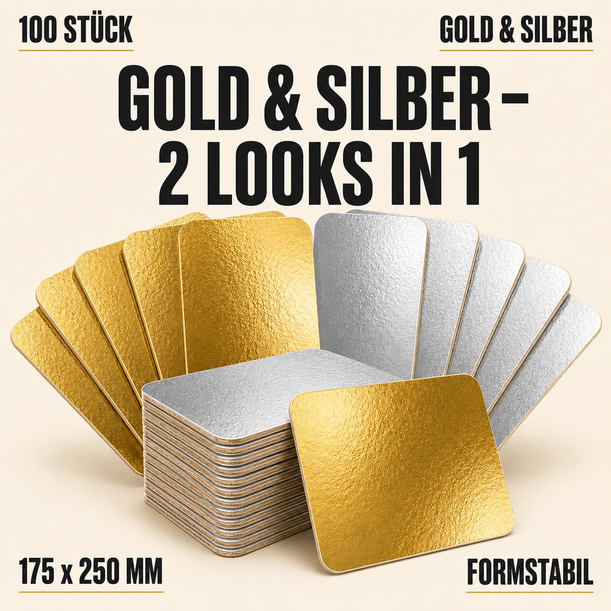 ZENIC | Tortenunterlage Rechteckig | 100 Stück | 175x250 mm | Gold & Silber