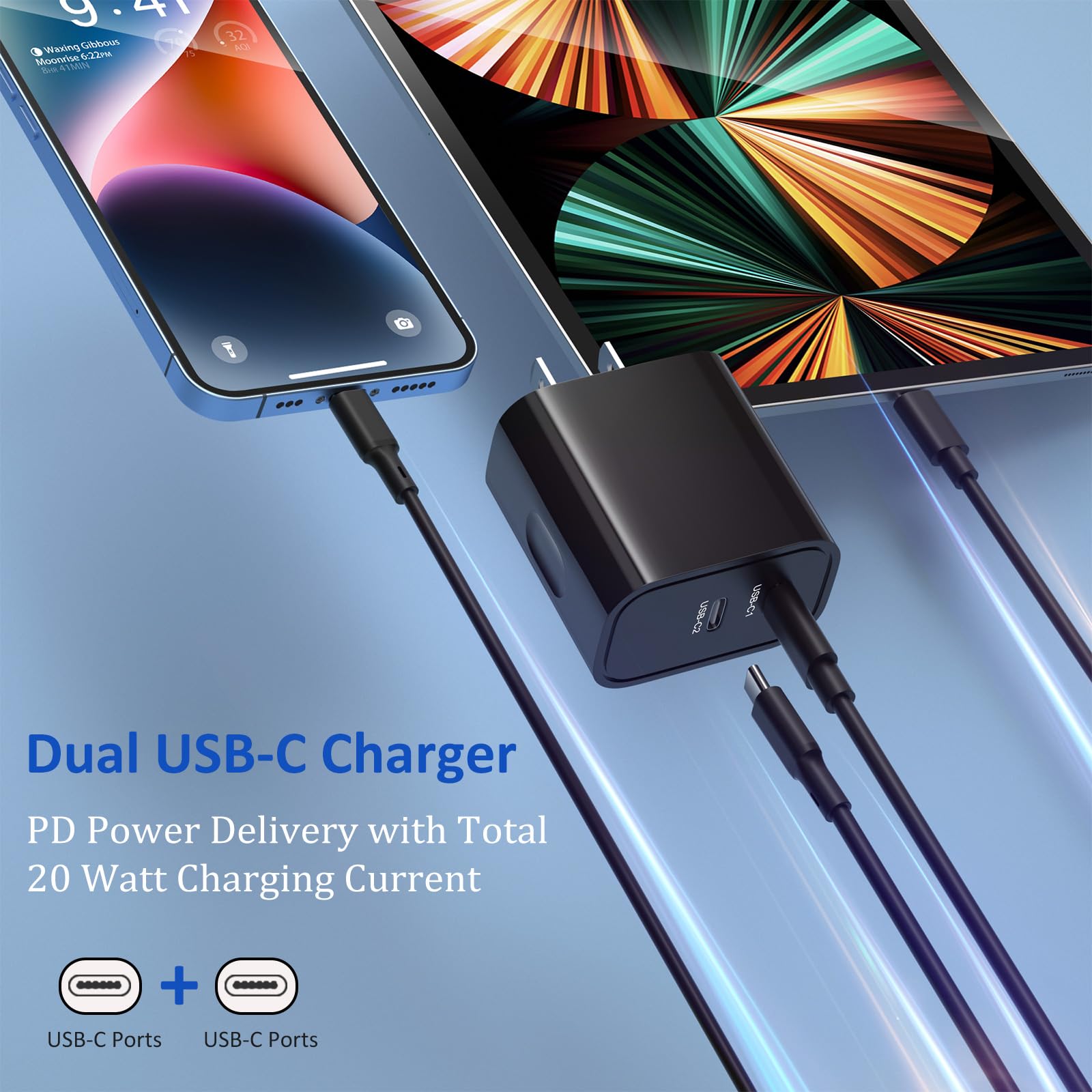 USB C Wall Charger Black,Costyle 2 Pack 20W Double Dual Port USB C Charger Block PD Fast Charging USB-C Power Adapter Type C Plug for iPhone 16 15 Plus 15 Pro Max,Galaxy,Pixel with 2X 6FT USB-C Cord